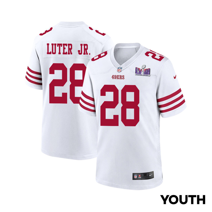 Darrell Luter Jr. 28 San Francisco 49ers Super Bowl LVIII Patch Game YOUTH Jersey - White JS5155 nicesnker