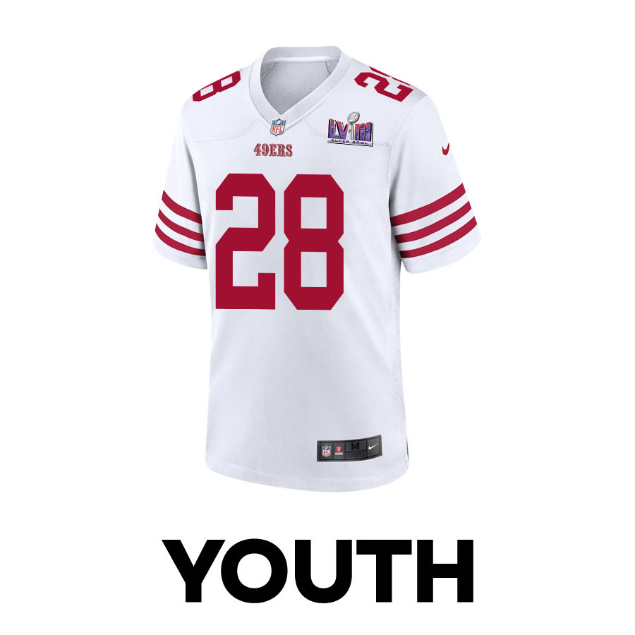 Alternative view of Darrell Luter Jr. 28 San Francisco 49ers Super Bowl LVIII Patch Game YOUTH Jersey - White JS5155 nicesnker
