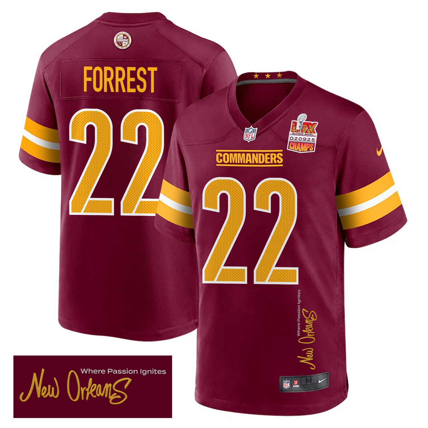 Darrick Forrest 22 Washington Commanders Super Bowl LIX Champions Patch 'New Orleans - Where Passion Ignites' EMBROIDERED Game Men Jersey - Burgundy JS7081 nicesnker
