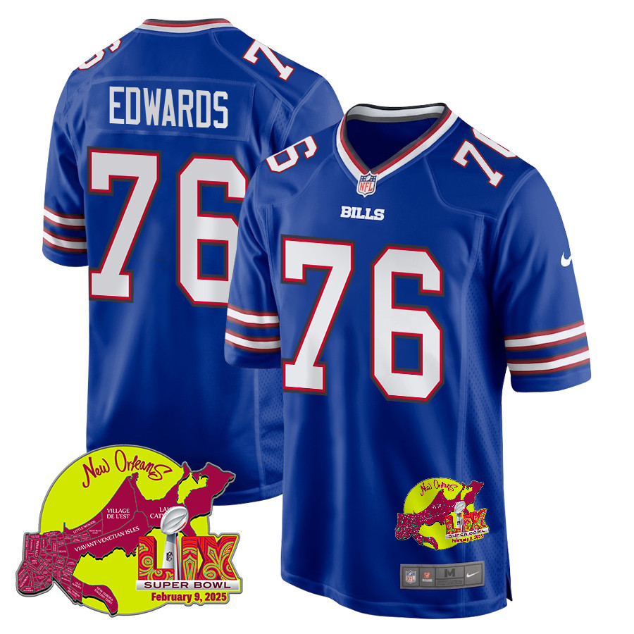 David Edwards 76 Buffalo Bills Super Bowl LIX New Orleans Patch Game Men Jersey - Royal JS4649 nicesnker