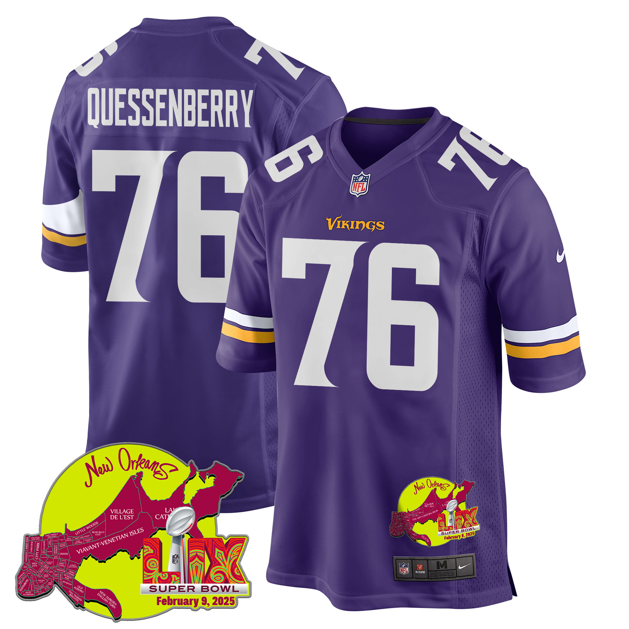 David Quessenberry 76 Minnesota Vikings Super Bowl LIX New Orleans Patch Game Men Jersey - Purple JS3964 nicesnker