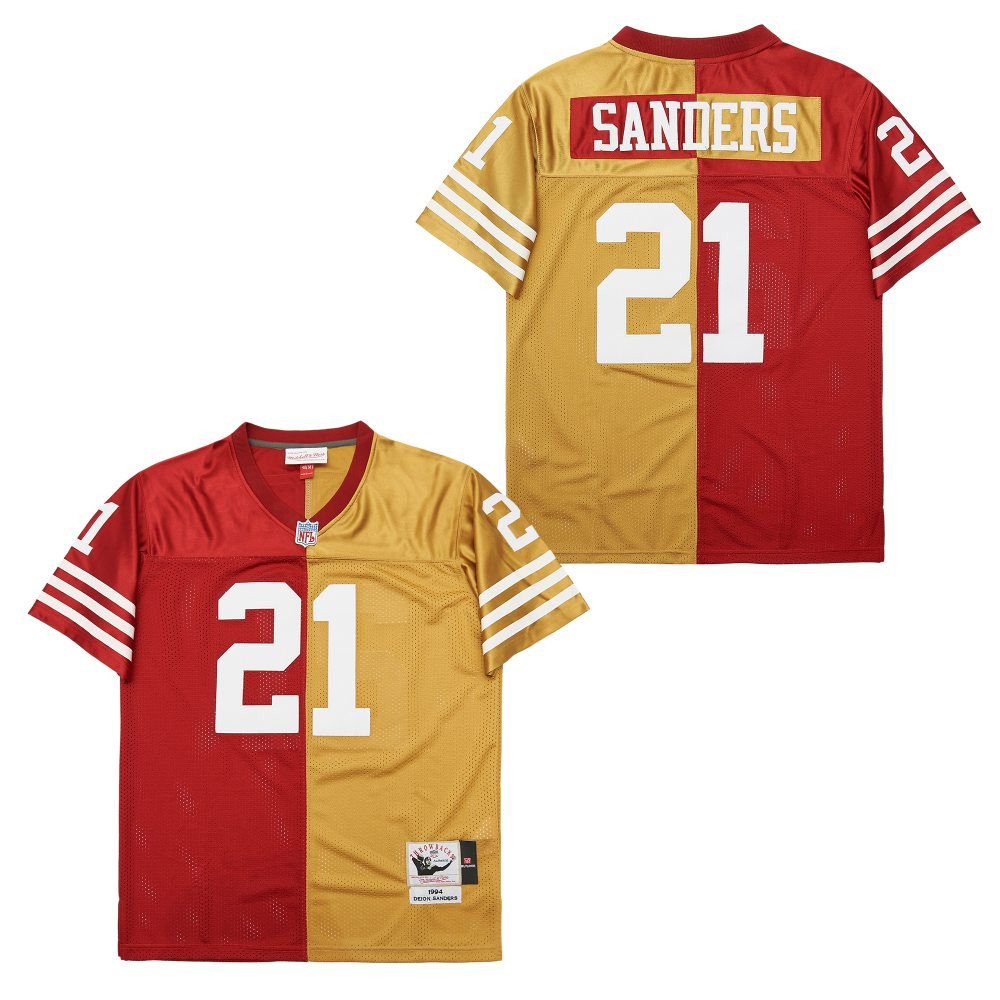 Alternative view of Deion Sanders 21 San Francisco 49ers Two-Toned Throwback Men Jersey - Yellow/Red JS4173 nicesnker