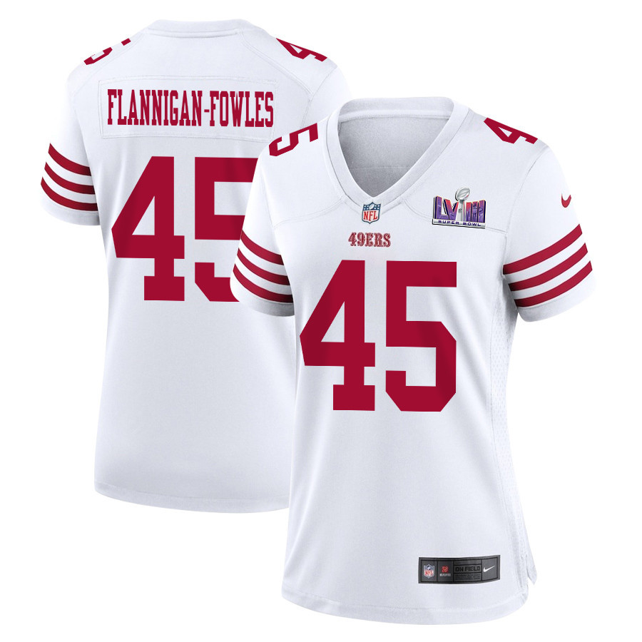 Demetrius Flannigan-Fowles 45 San Francisco 49ers Super Bowl LVIII Patch Game Women Jersey - White JS8880 nicesnker