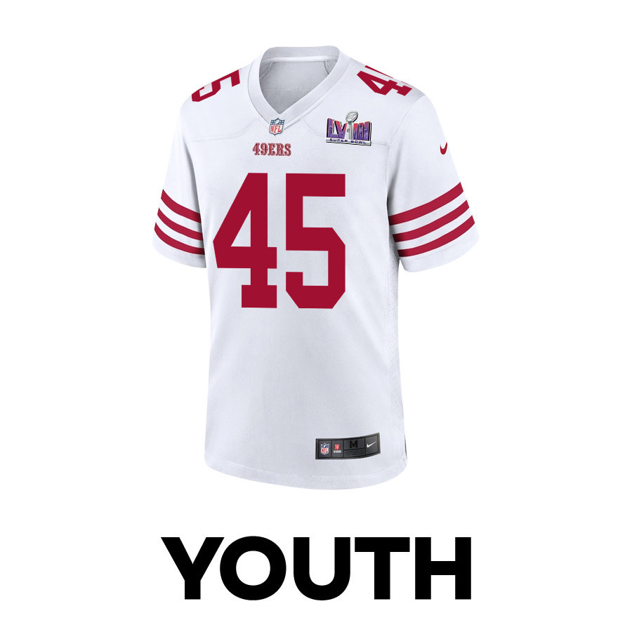 Alternative view of Demetrius Flannigan-Fowles 45 San Francisco 49ers Super Bowl LVIII Patch Game YOUTH Jersey - White JS6330 nicesnker