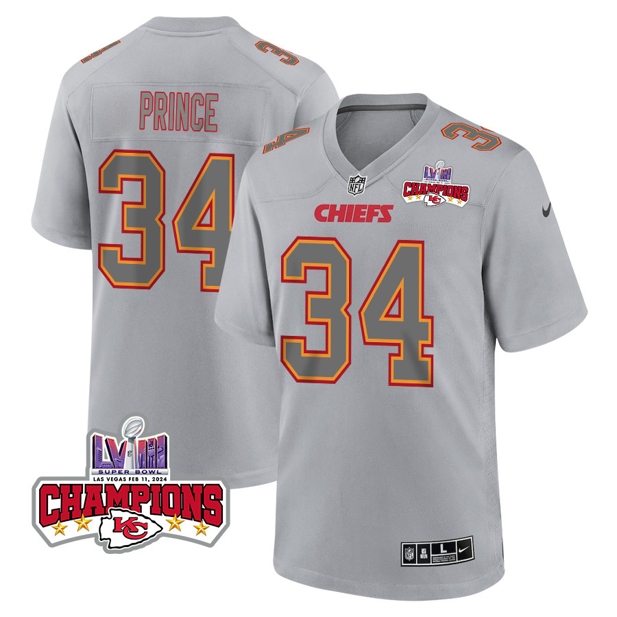 Deneric Prince 34 Kansas City Chiefs Super Bowl LVIII Champions 4 Stars Patch Atmosphere Fashion Game Men Jersey - Gray JS8593 nicesnker