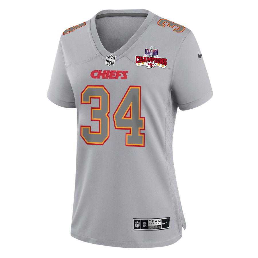 Alternative view of Deneric Prince 34 Kansas City Chiefs Super Bowl LVIII Champions 4 Stars Patch Atmosphere Fashion Game Women Jersey - Gray JS9554 nicesnker