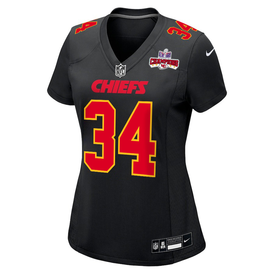 Alternative view of Deneric Prince 34 Kansas City Chiefs Super Bowl LVIII Champions 4 Stars Patch Fashion Game Women Jersey - Carbon Black JS6806 nicesnker