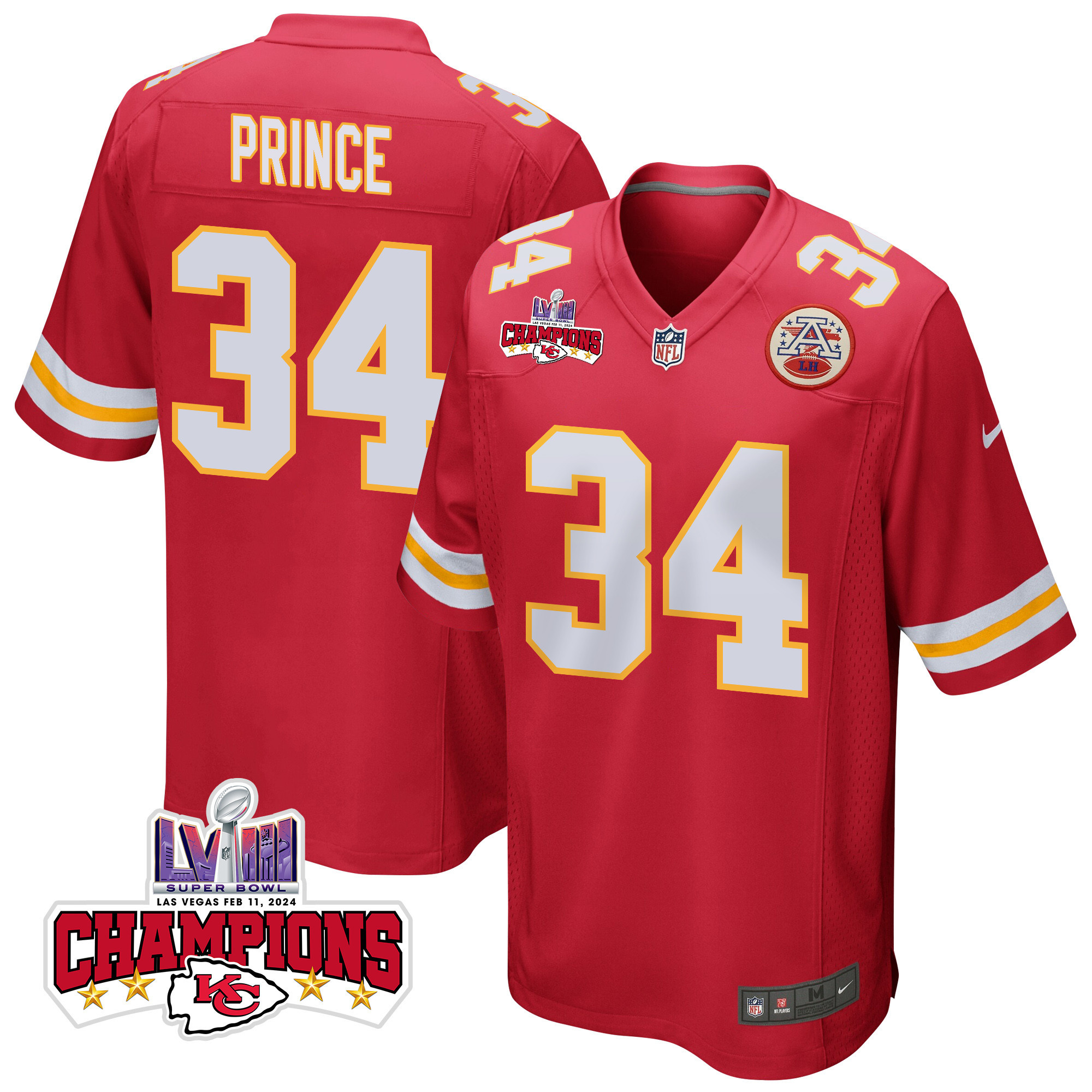 Deneric Prince 34 Kansas City Chiefs Super Bowl LVIII Champions 4 Stars Patch Game Men Jersey - Red JS2291 nicesnker
