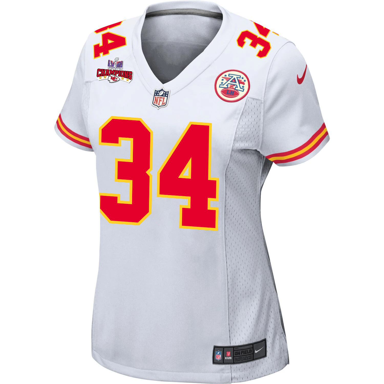 Alternative view of Deneric Prince 34 Kansas City Chiefs Super Bowl LVIII Champions 4 Stars Patch Game Women Jersey - White JS2839 nicesnker