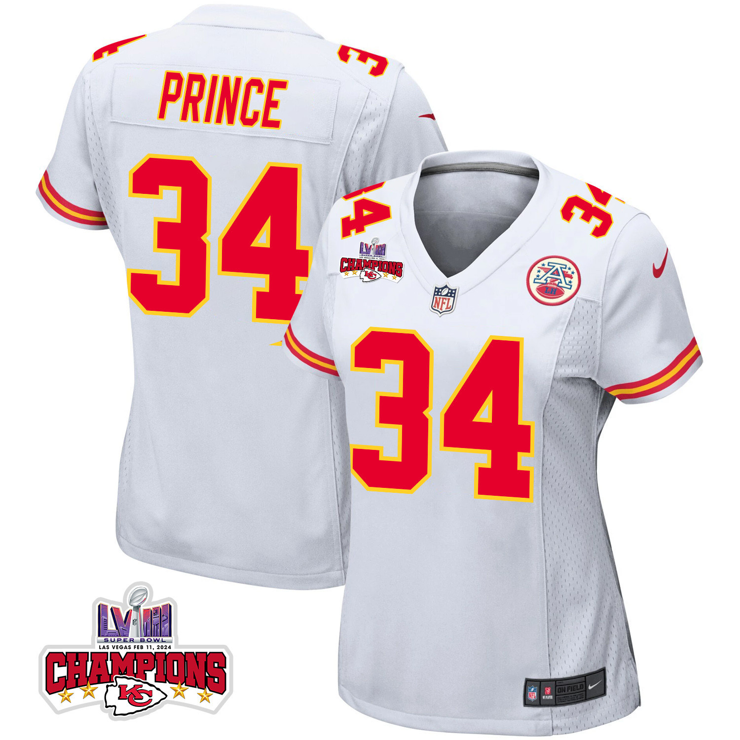 Deneric Prince 34 Kansas City Chiefs Super Bowl LVIII Champions 4 Stars Patch Game Women Jersey - White JS2839 nicesnker