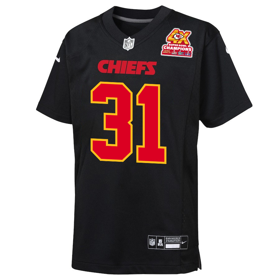 Alternative view of Deneric Prince 34 Kansas City Chiefs Super Bowl LVIII Champions 4X Fashion Game YOUTH Jersey - Carbon Black JS7578 nicesnker