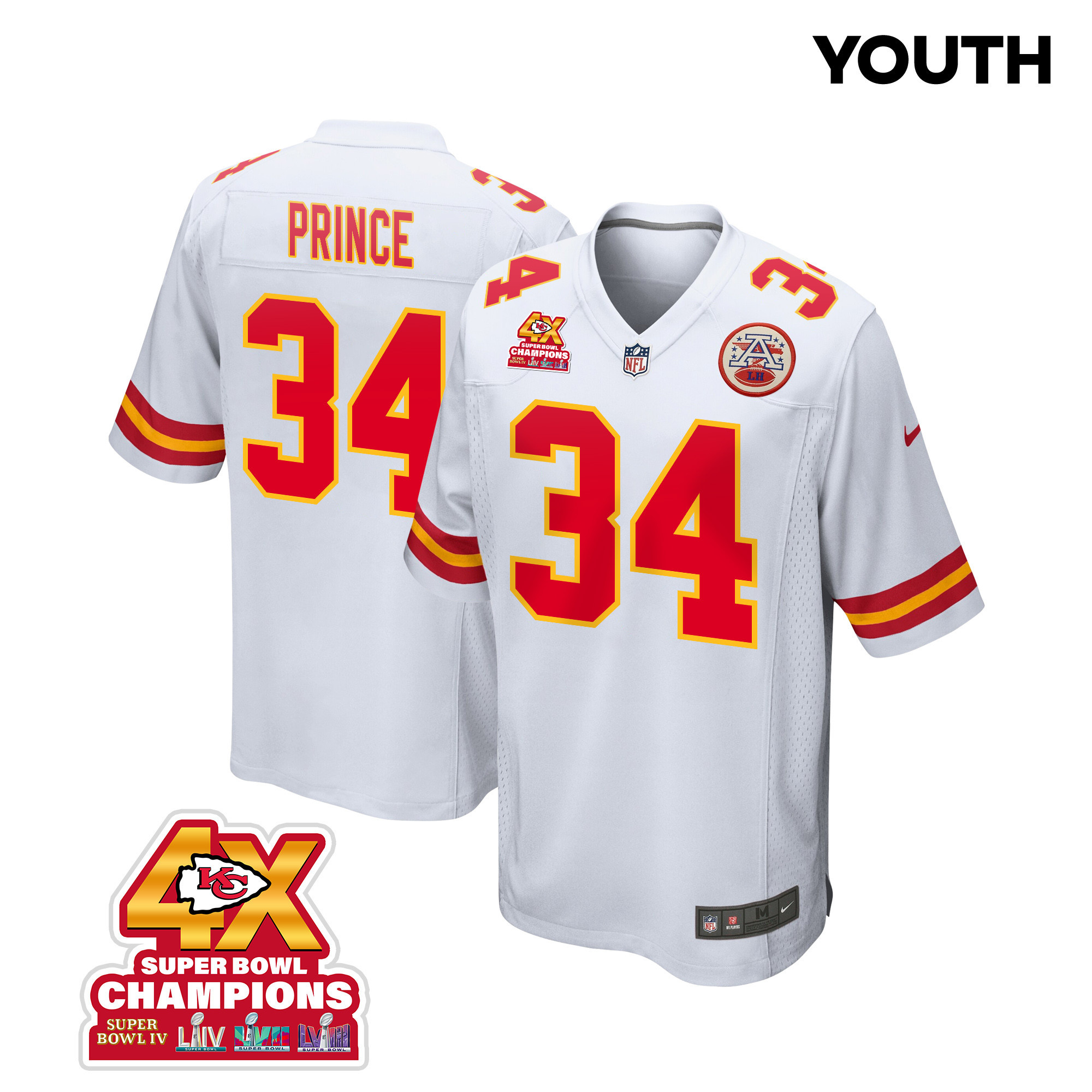Deneric Prince 34 Kansas City Chiefs Super Bowl LVIII Champions 4X Game YOUTH Jersey - White JS9229 nicesnker