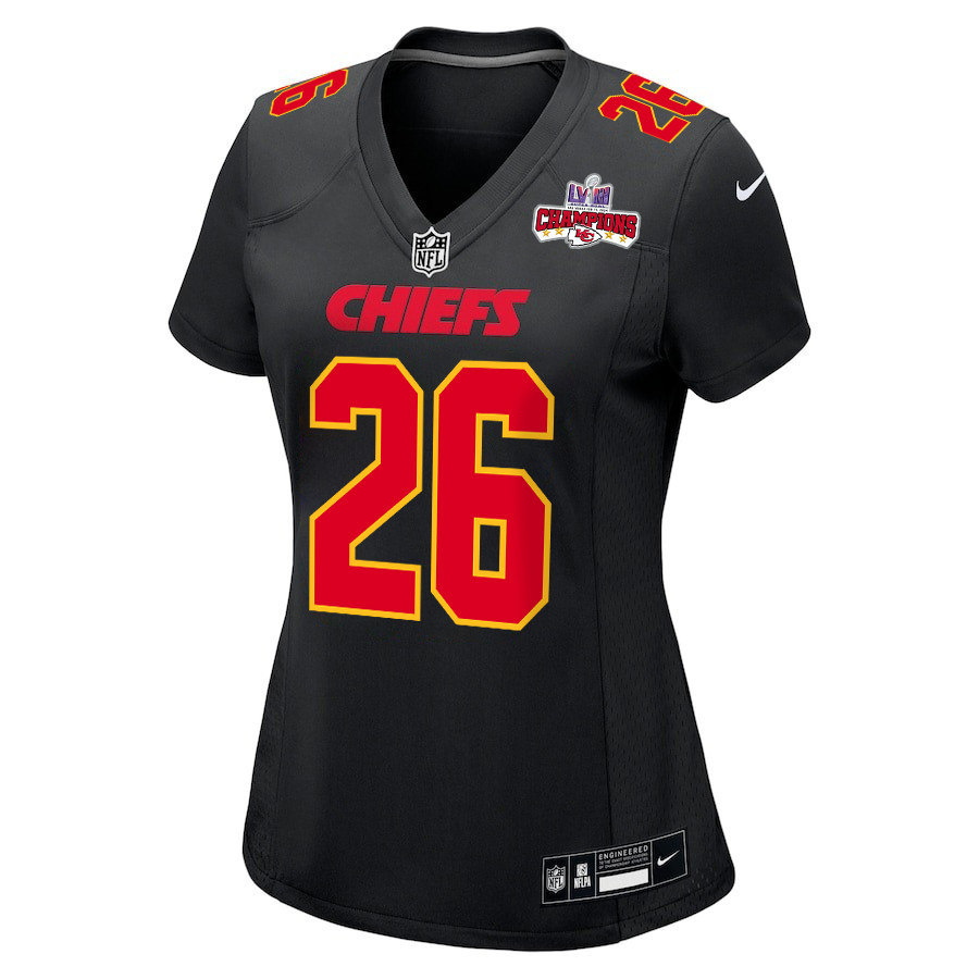 Alternative view of Deon Bush 26 Kansas City Chiefs Super Bowl LVIII Champions 4 Stars Patch Fashion Game Women Jersey - Carbon Black JS8855 nicesnker