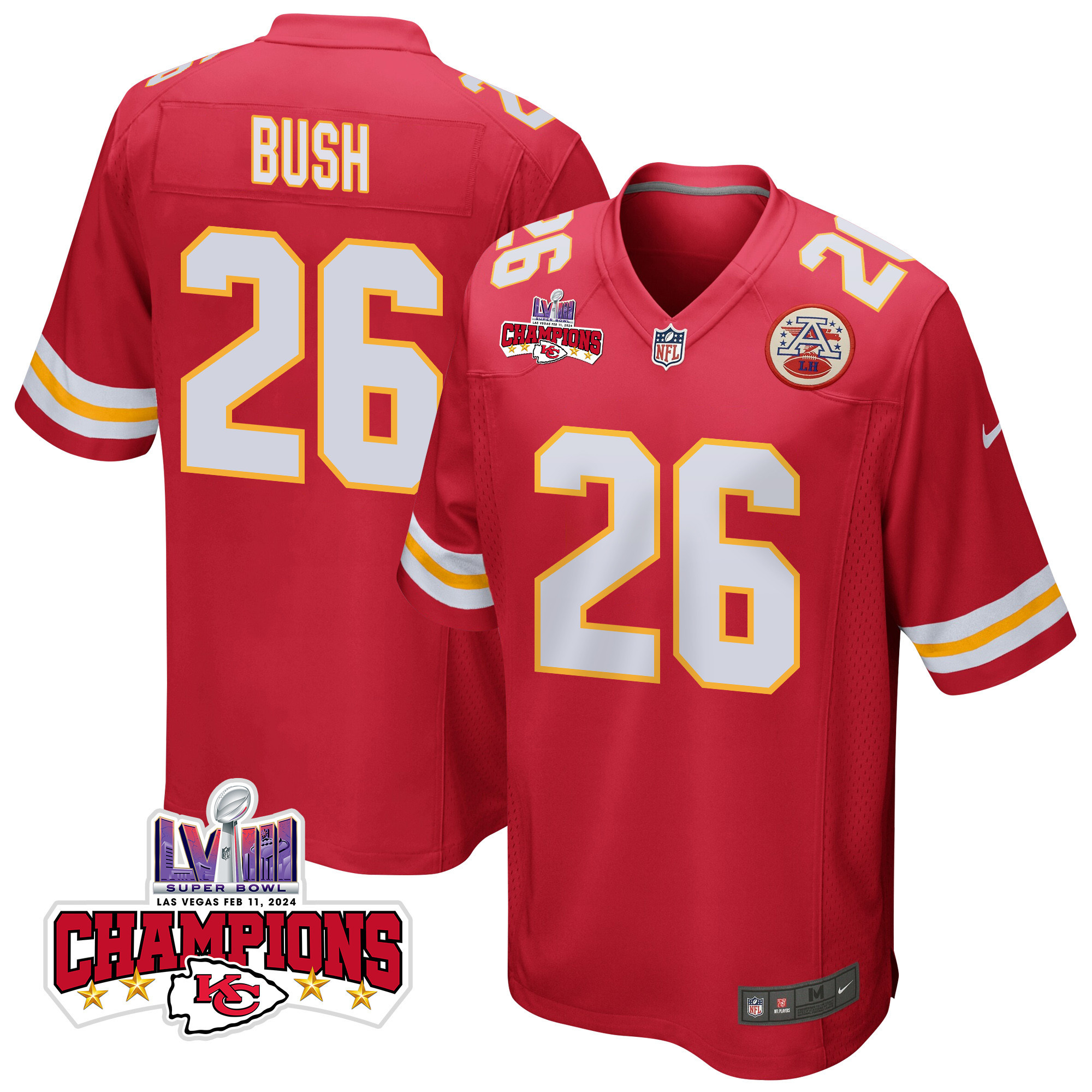 Deon Bush 26 Kansas City Chiefs Super Bowl LVIII Champions 4 Stars Patch Game Men Jersey - Red JS4095 nicesnker