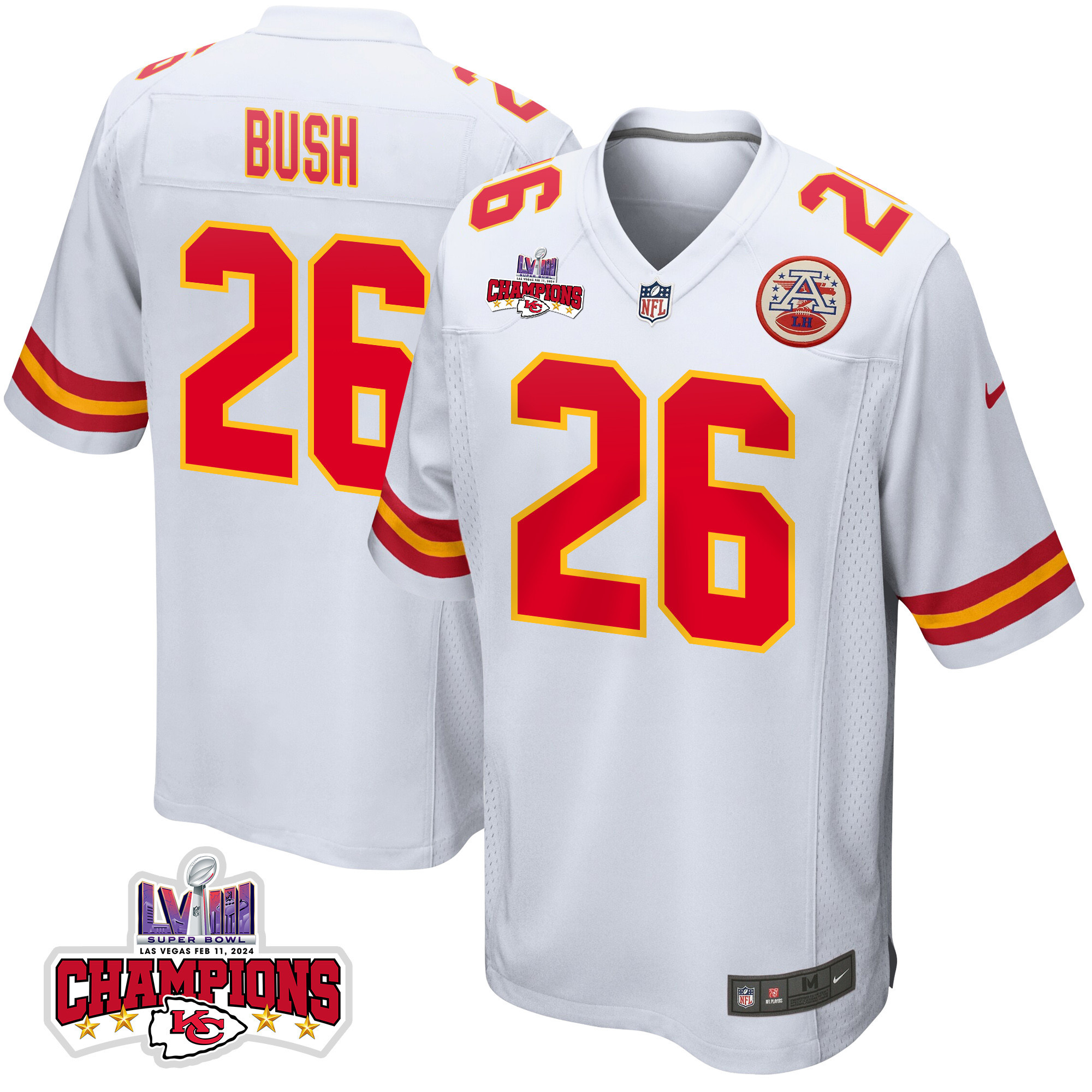 Deon Bush 26 Kansas City Chiefs Super Bowl LVIII Champions 4 Stars Patch Game Men Jersey - White JS5229 nicesnker