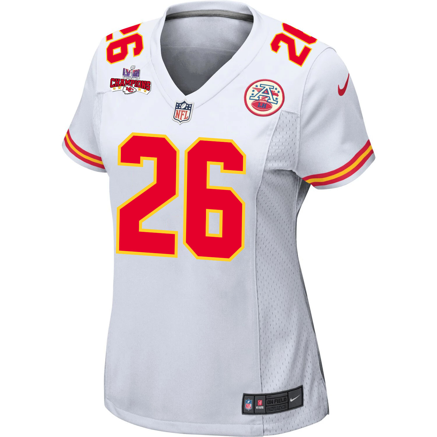 Alternative view of Deon Bush 26 Kansas City Chiefs Super Bowl LVIII Champions 4 Stars Patch Game Women Jersey - White JS3905 nicesnker