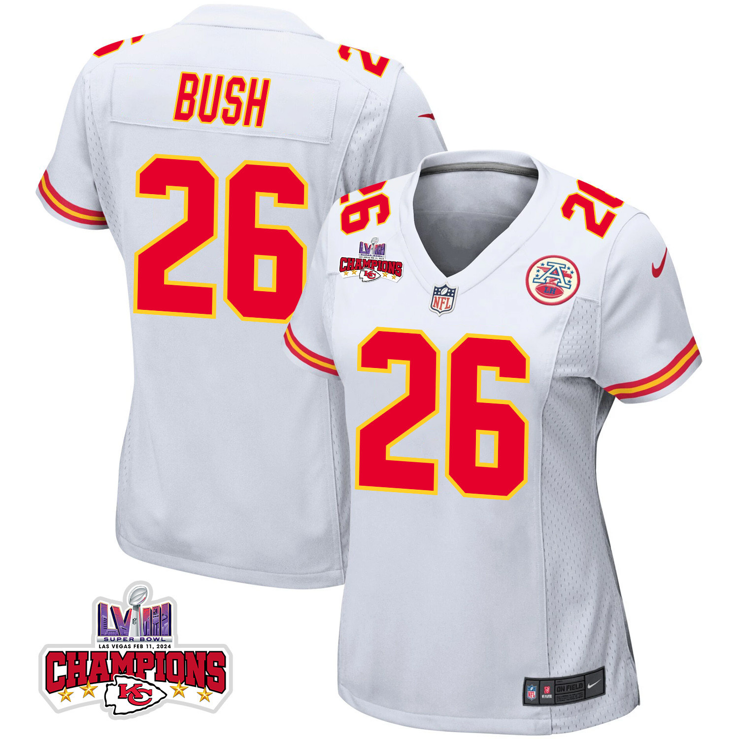 Deon Bush 26 Kansas City Chiefs Super Bowl LVIII Champions 4 Stars Patch Game Women Jersey - White JS3905 nicesnker