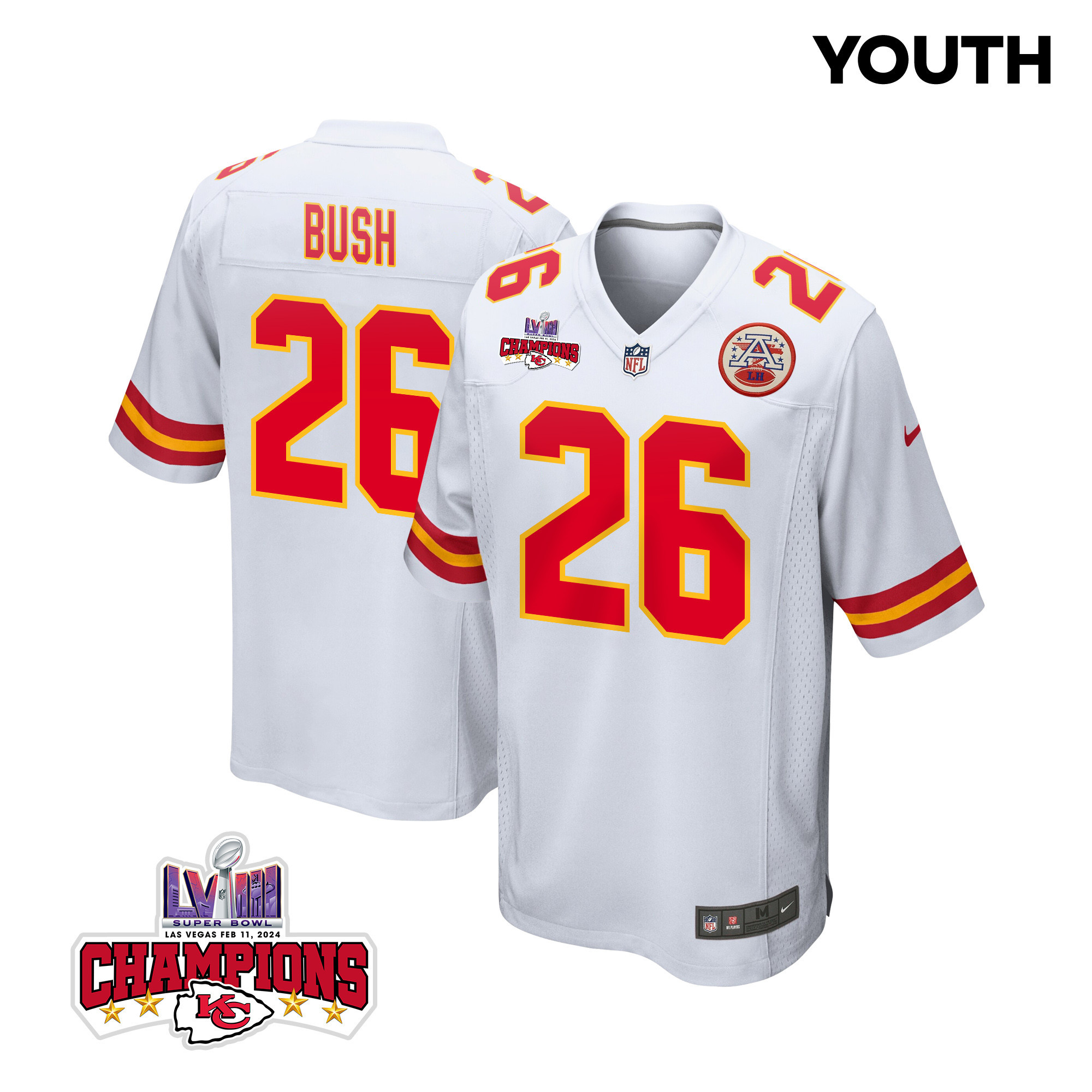 Deon Bush 26 Kansas City Chiefs Super Bowl LVIII Champions 4 Stars Patch Game YOUTH Jersey - White JS6222 nicesnker