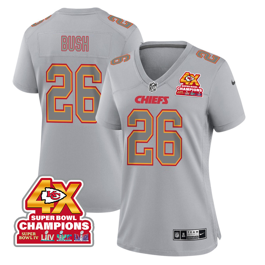 Deon Bush 26 Kansas City Chiefs Super Bowl LVIII Champions 4X Atmosphere Fashion Game Women Jersey - Gray JS5383 nicesnker