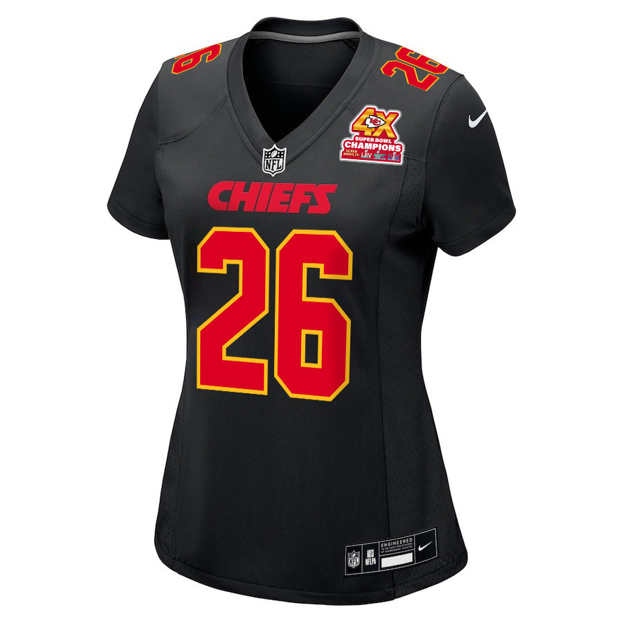 Alternative view of Deon Bush 26 Kansas City Chiefs Super Bowl LVIII Champions 4X Fashion Game Women Jersey - Carbon Black JS3227 nicesnker
