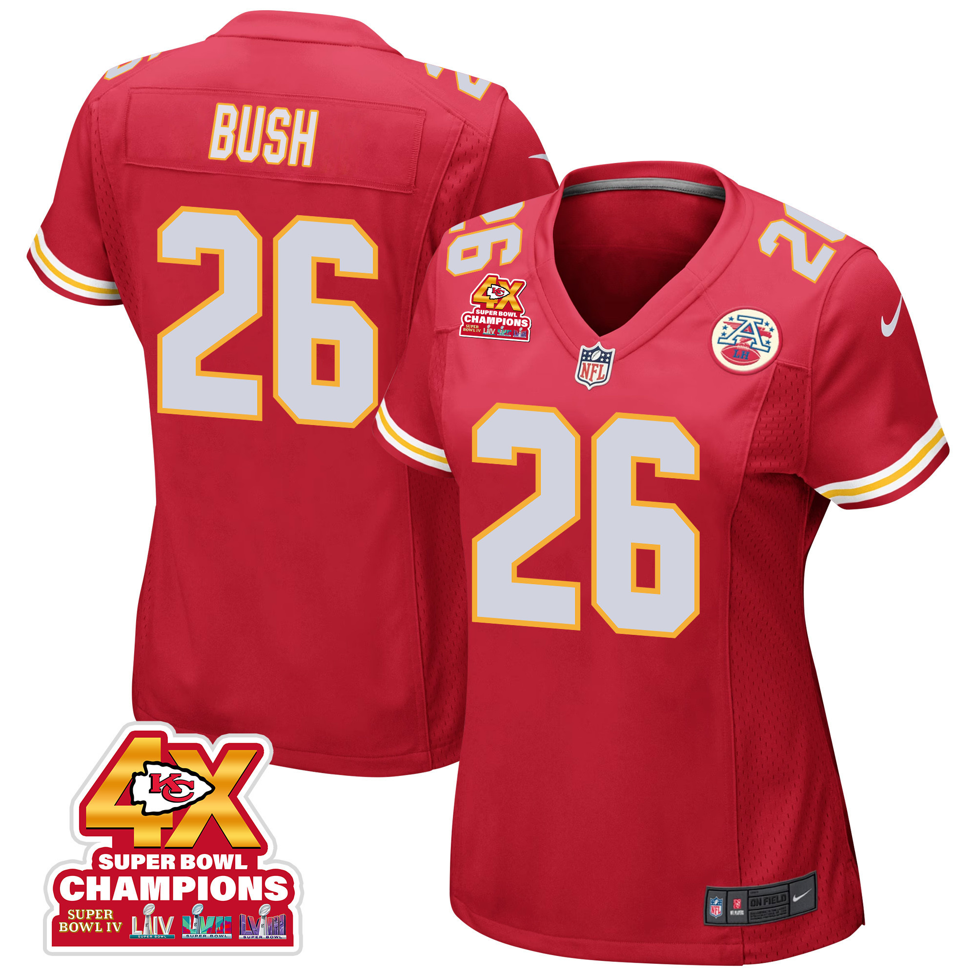 Deon Bush 26 Kansas City Chiefs Super Bowl LVIII Champions 4X Game Women Jersey - Red JS1251 nicesnker