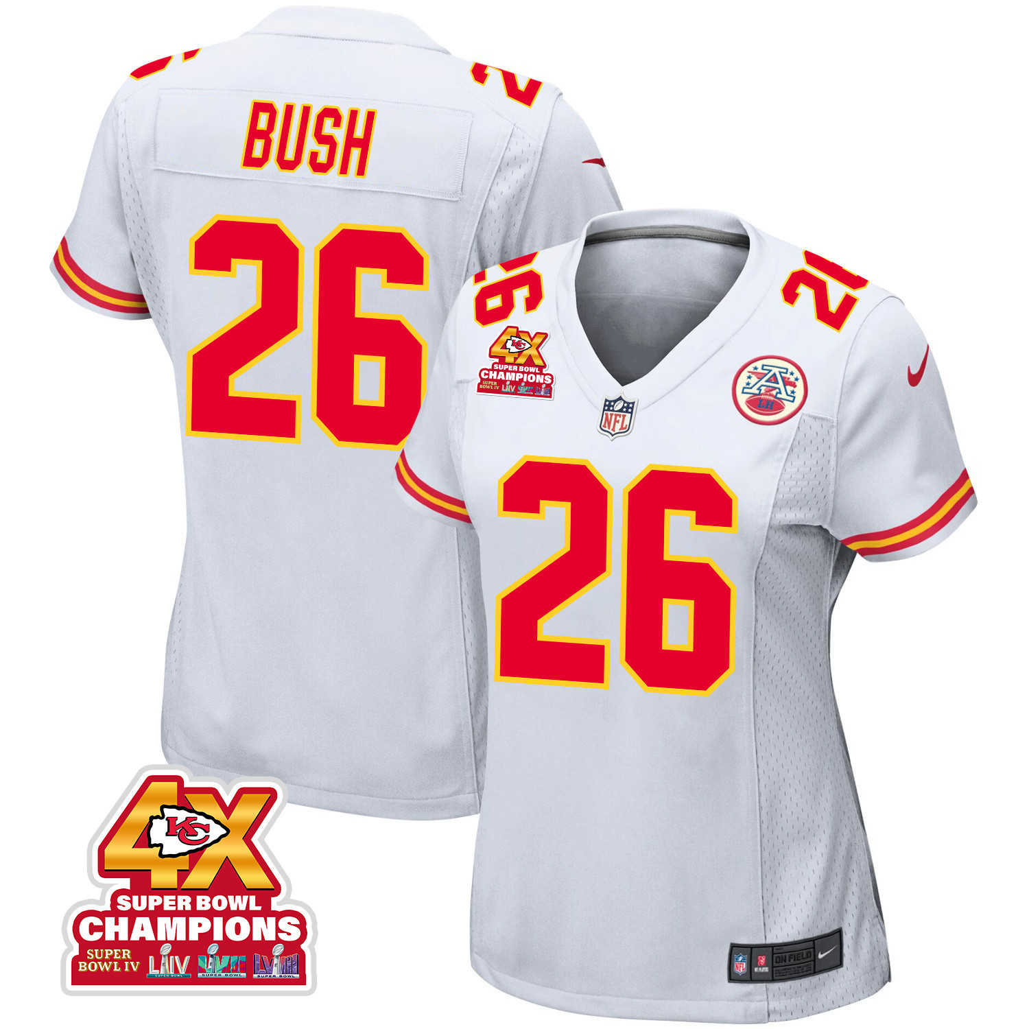 Deon Bush 26 Kansas City Chiefs Super Bowl LVIII Champions 4X Game Women Jersey - White JS5615 nicesnker