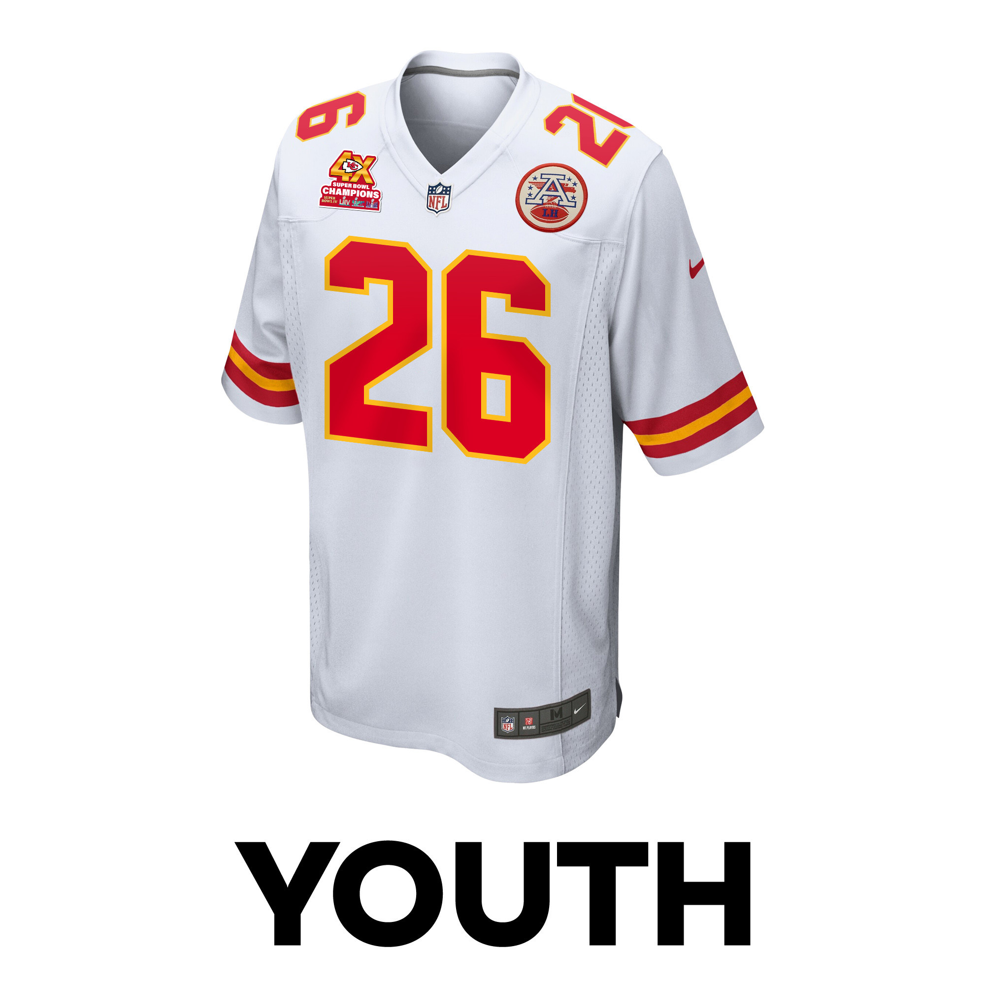 Alternative view of Deon Bush 26 Kansas City Chiefs Super Bowl LVIII Champions 4X Game YOUTH Jersey - White JS4066 nicesnker