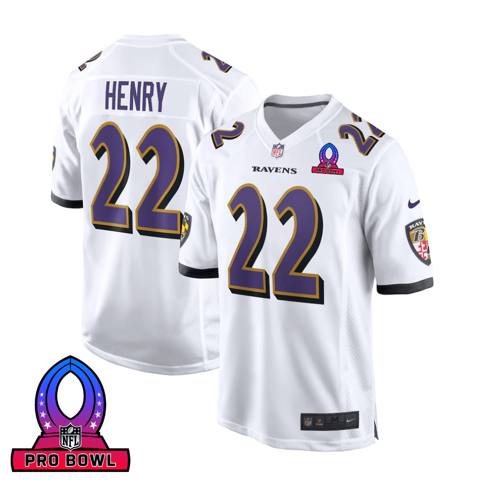 Derrick Henry 22 Baltimore Ravens 2025 Pro Bowl Patch Game Men Jersey - White JS7255 nicesnker