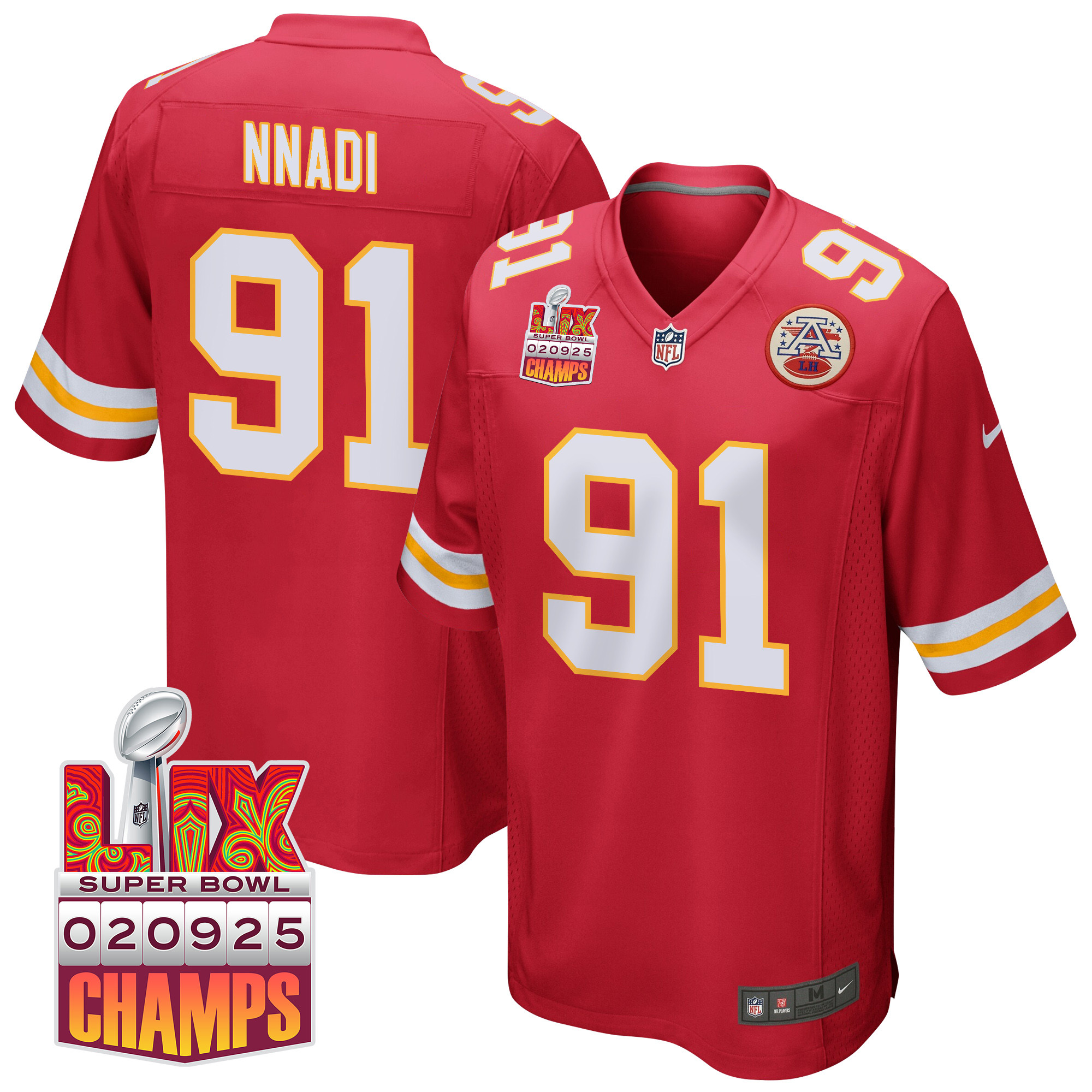 Derrick Nnadi 91 Kansas City Chiefs Super Bowl LIX Champions Patch Game Men Jersey - Red JS4520 nicesnker