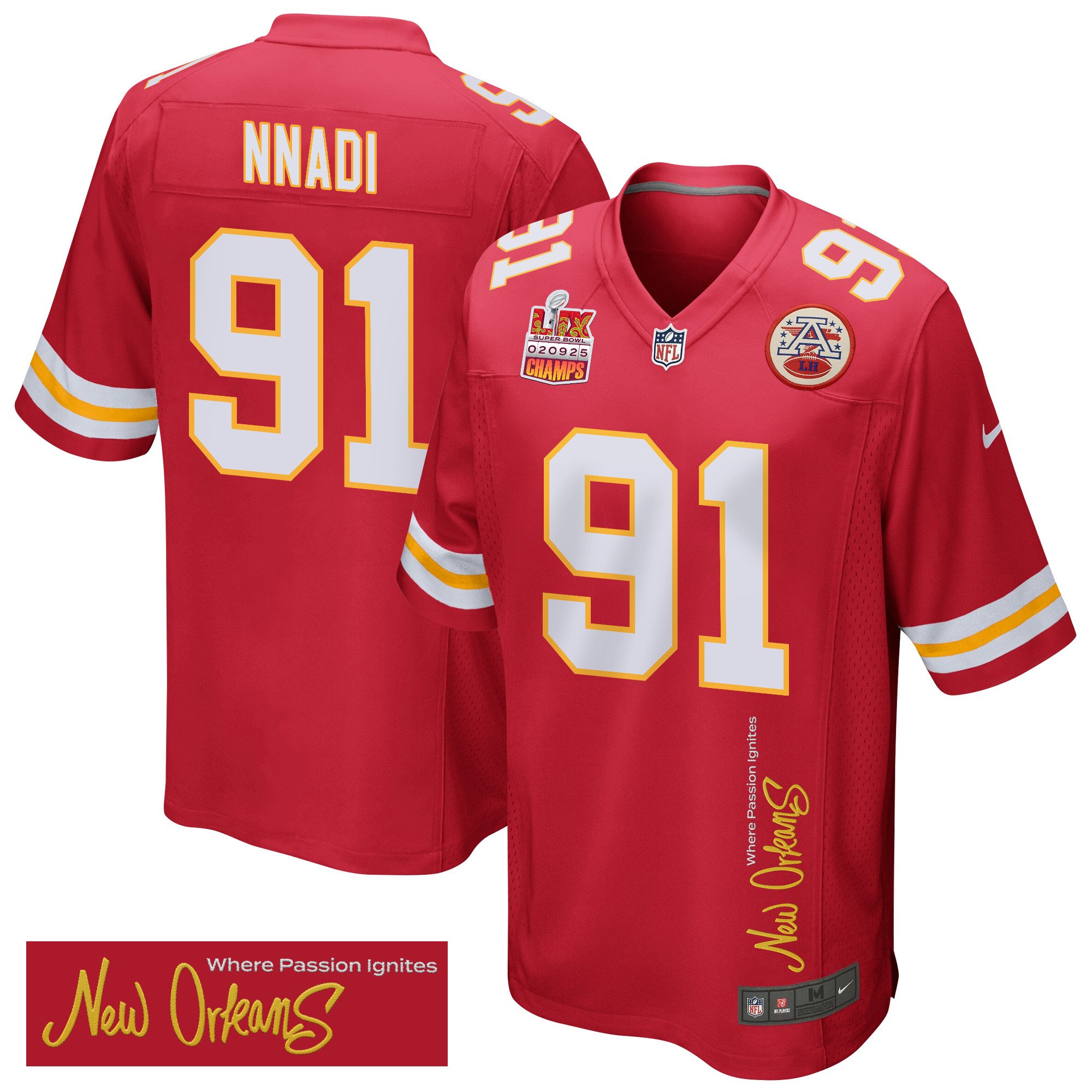 Derrick Nnadi 91 Kansas City Chiefs Super Bowl LIX Champions Patch 'New Orleans - Where Passion Ignites' EMBROIDERED Game Men Jersey - Red JS5582 nicesnker