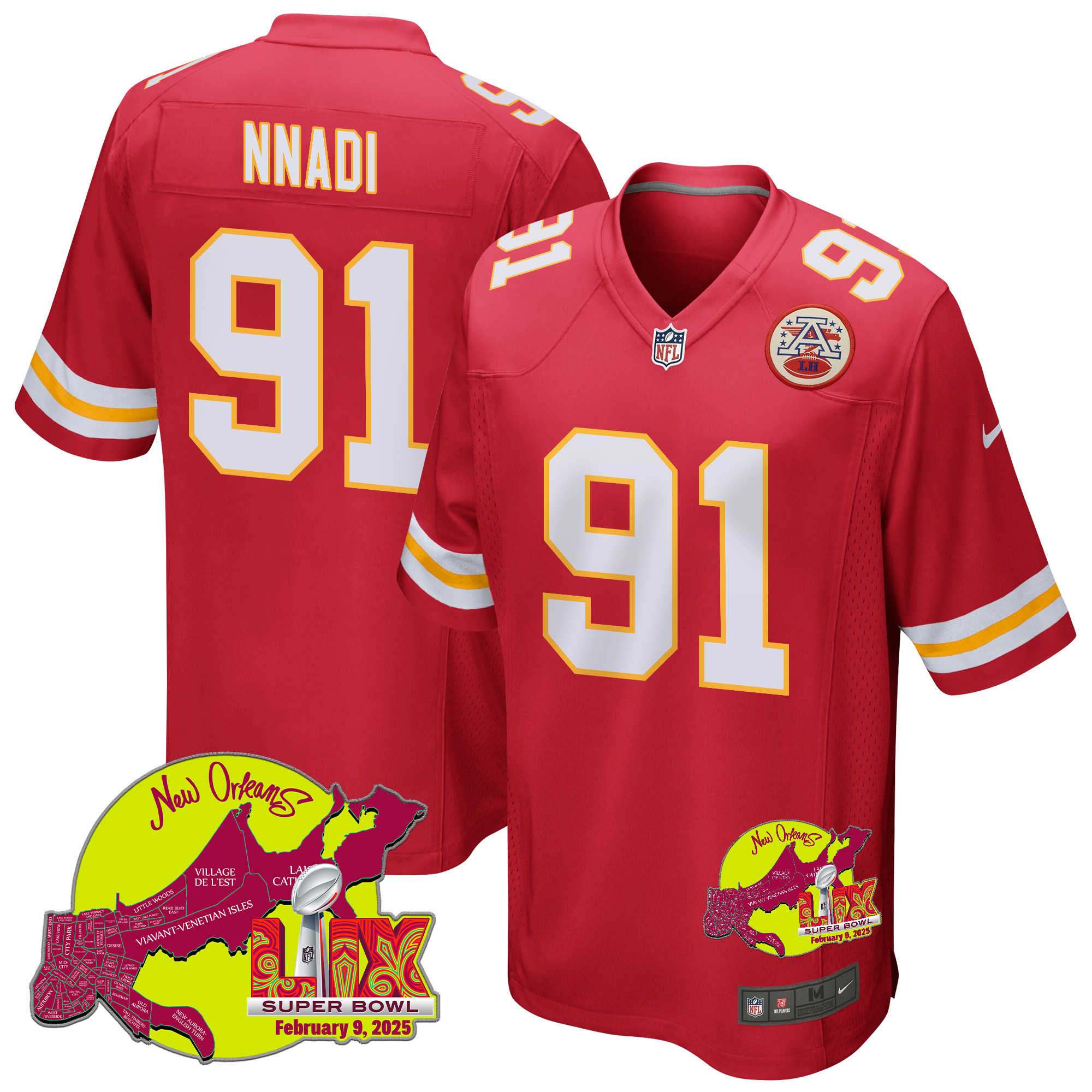 Derrick Nnadi 91 Kansas City Chiefs Super Bowl LIX New Orleans Patch Game Men Jersey - Red JS6640 nicesnker
