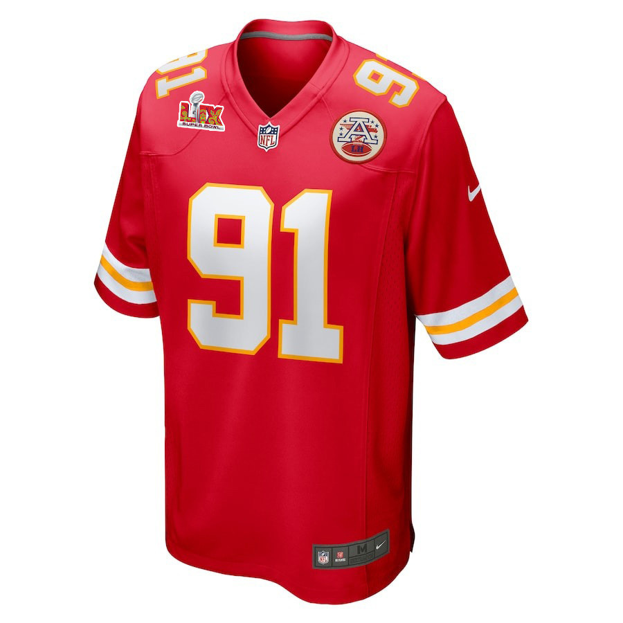 Alternative view of Derrick Nnadi #91 Kansas City Chiefs Super Bowl LIX YOUTH Jersey - Red JS1206 nicesnker