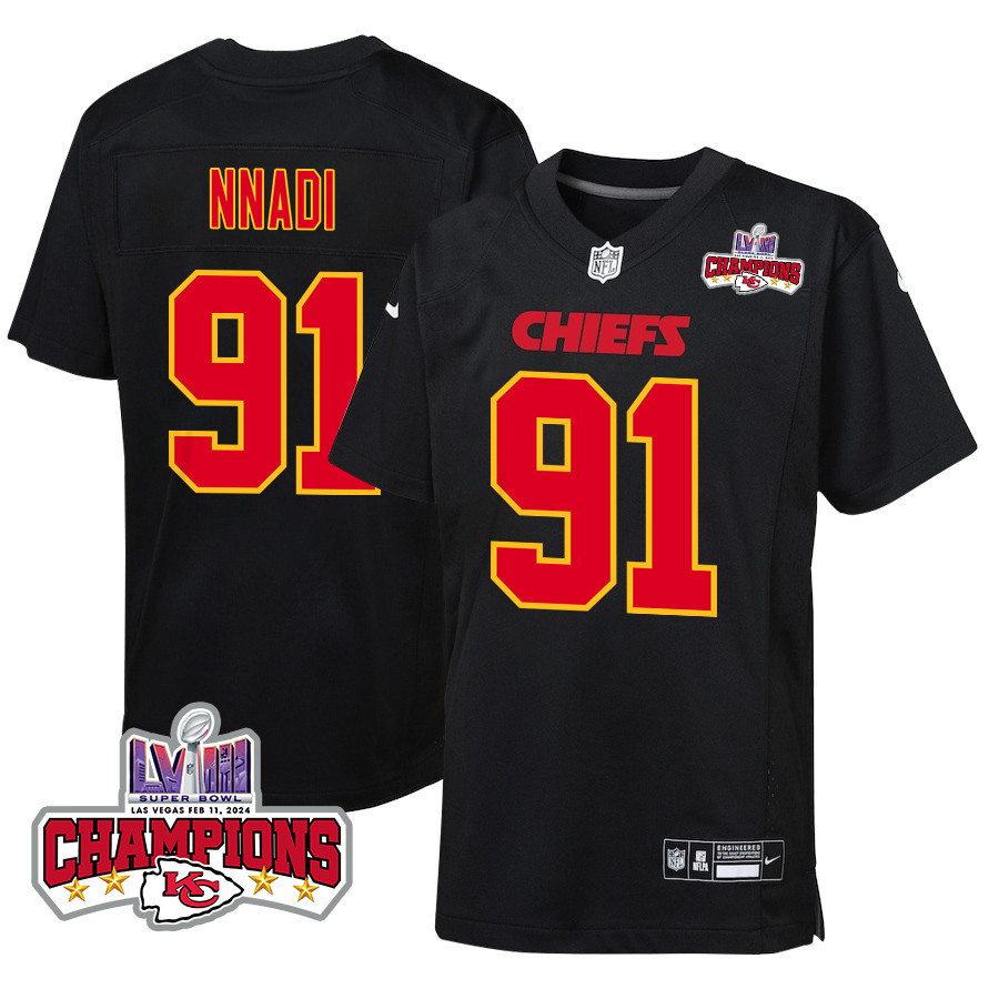 Derrick Nnadi 91 Kansas City Chiefs Super Bowl LVIII Champions 4 Stars Patch Fashion Game YOUTH Jersey - Carbon Black JS7869 nicesnker