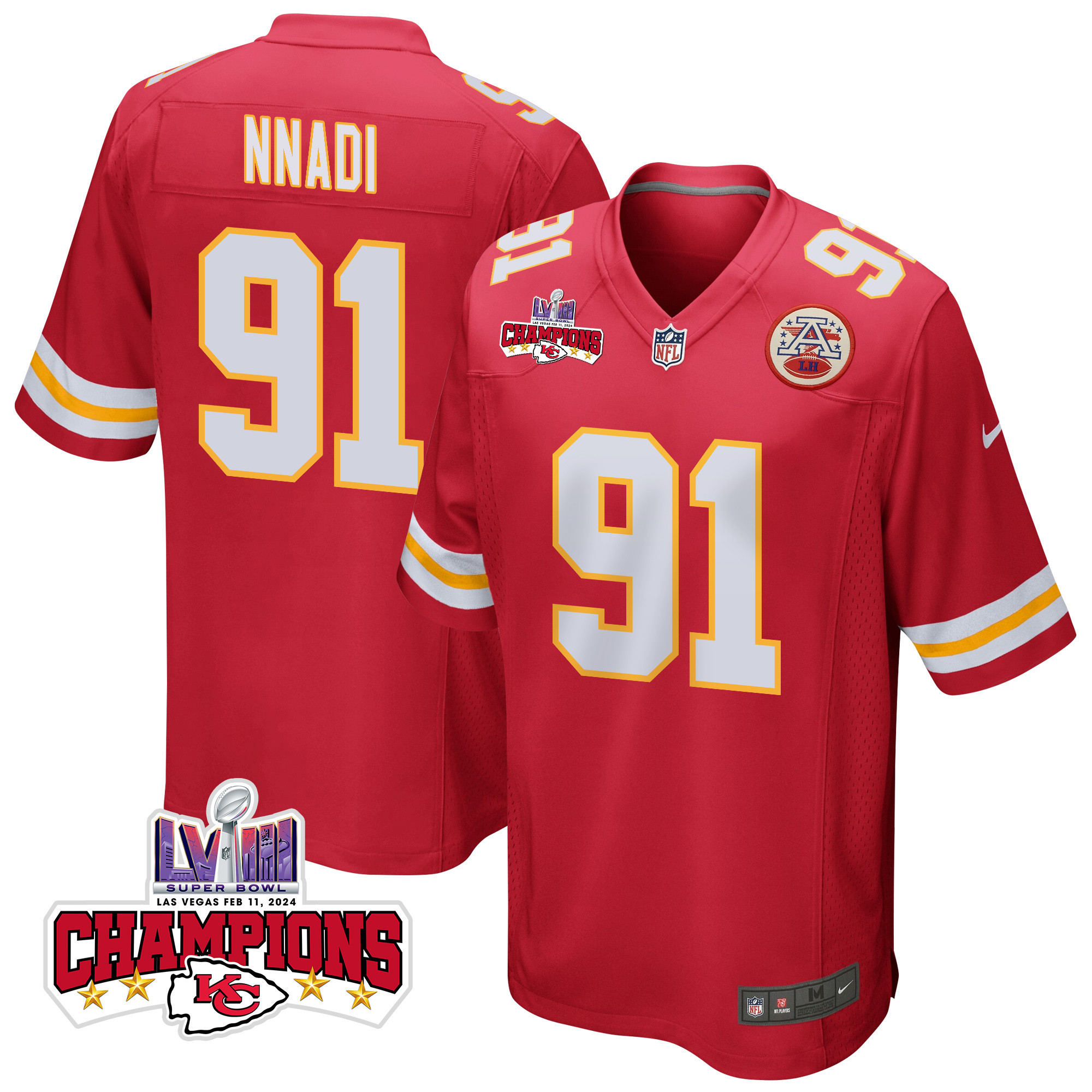 Derrick Nnadi 91 Kansas City Chiefs Super Bowl LVIII Champions 4 Stars Patch Game Men Jersey - Red JS6759 nicesnker