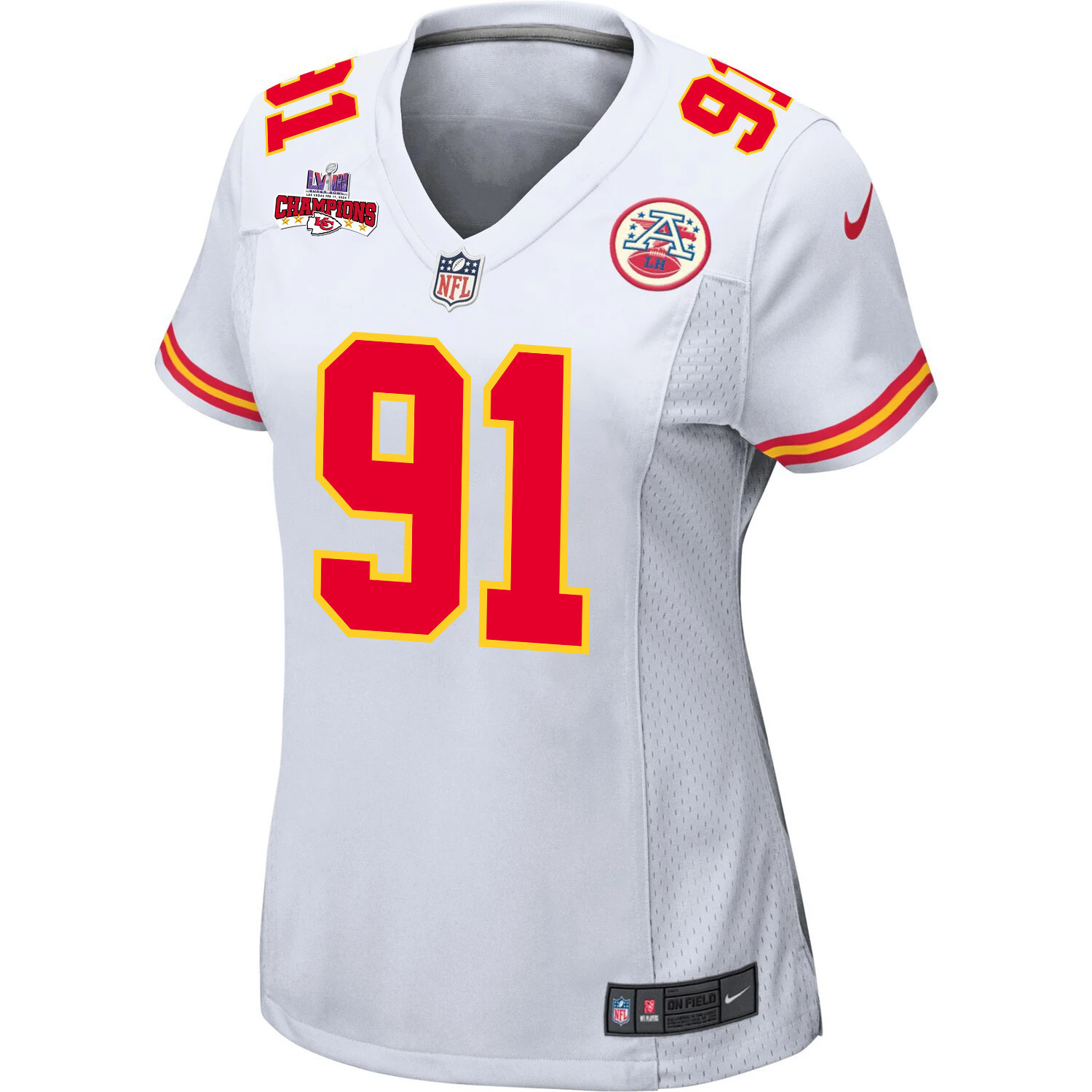 Alternative view of Derrick Nnadi 91 Kansas City Chiefs Super Bowl LVIII Champions 4 Stars Patch Game Women Jersey - White JS6525 nicesnker