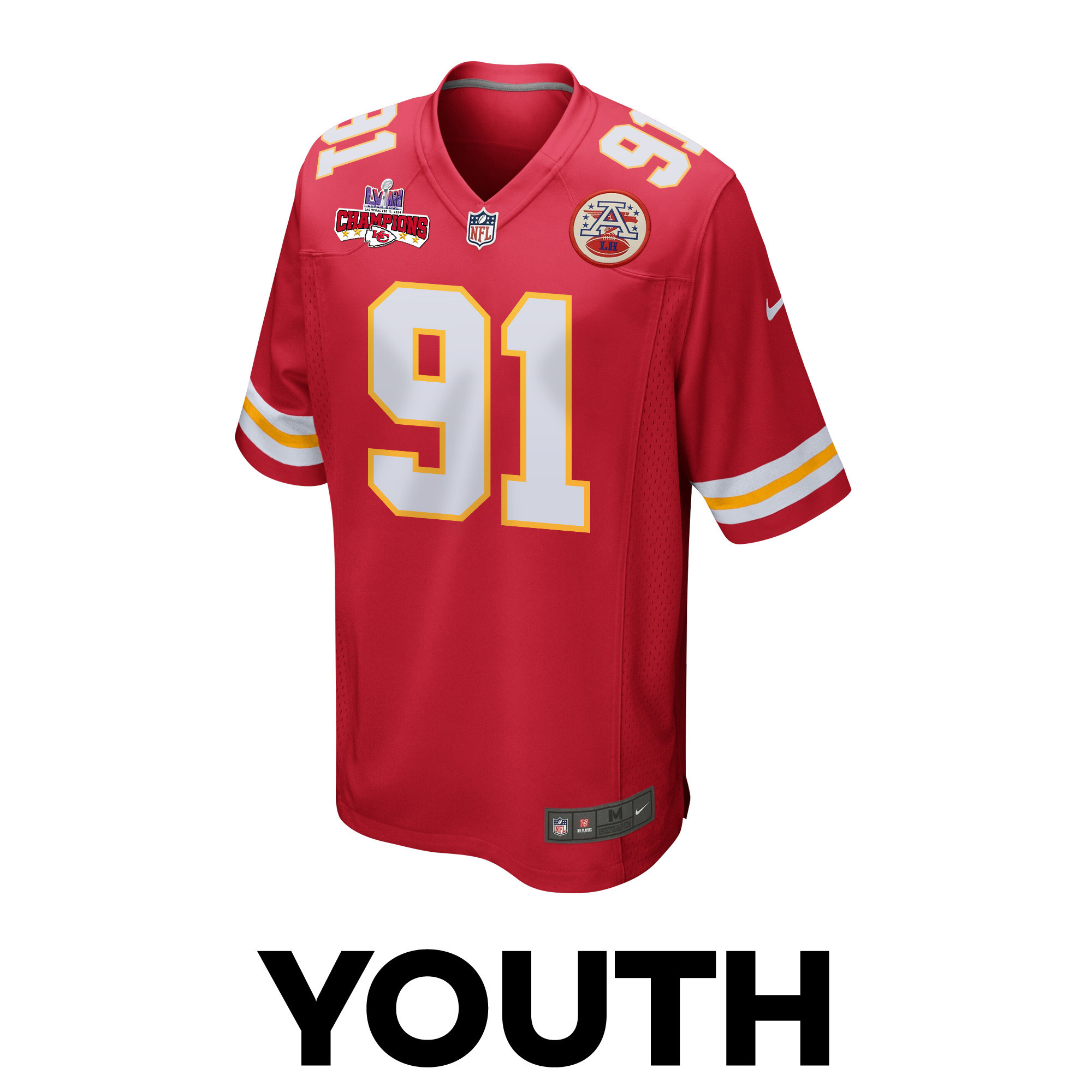 Alternative view of Derrick Nnadi 91 Kansas City Chiefs Super Bowl LVIII Champions 4 Stars Patch Game YOUTH Jersey - Red JS4102 nicesnker