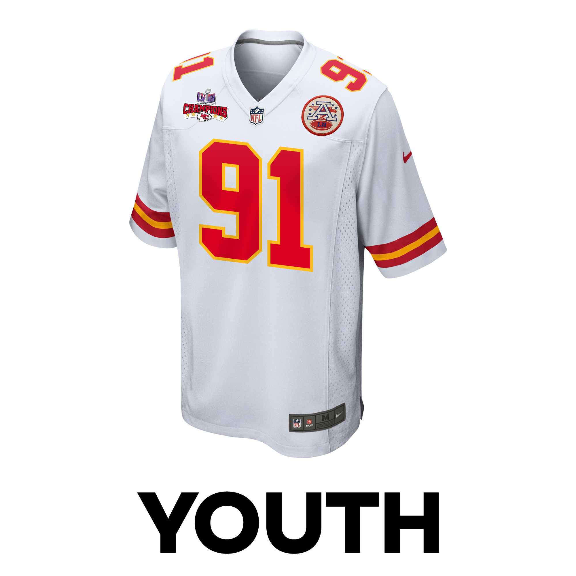 Alternative view of Derrick Nnadi 91 Kansas City Chiefs Super Bowl LVIII Champions 4 Stars Patch Game YOUTH Jersey - White JS1215 nicesnker