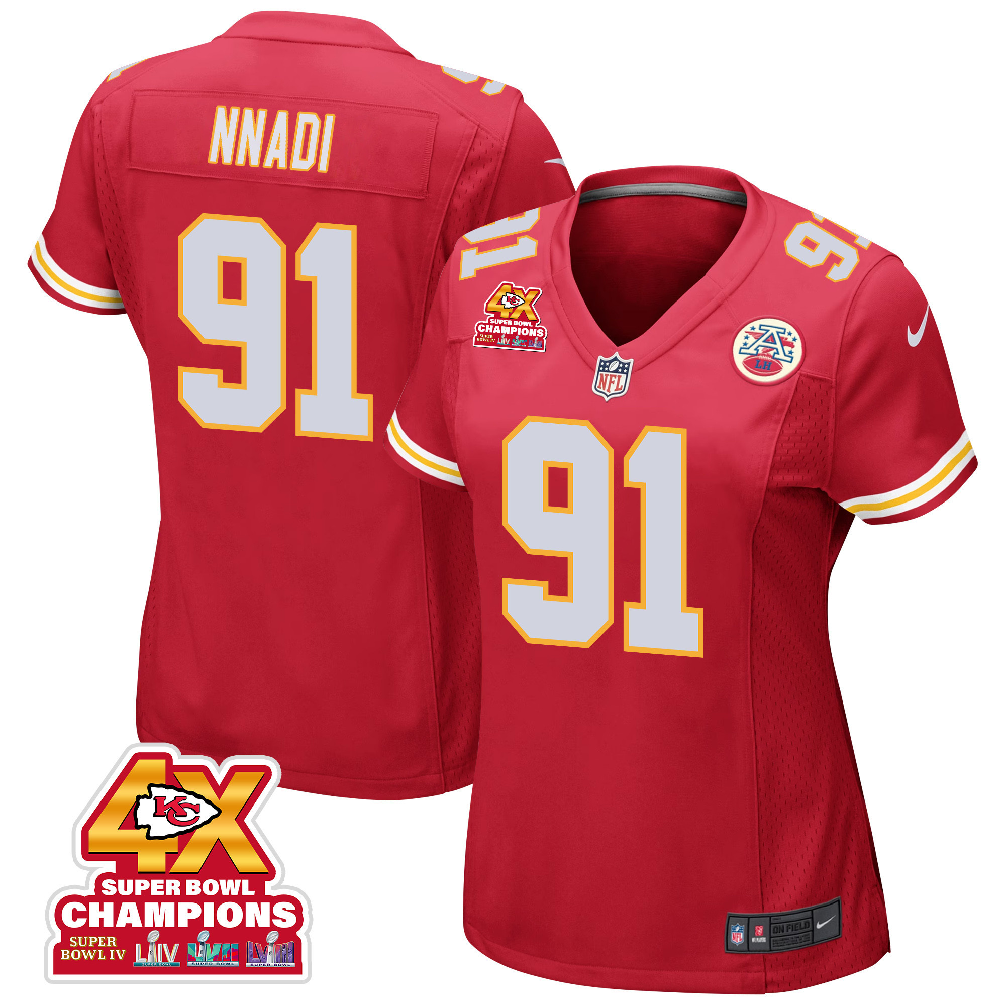 Derrick Nnadi 91 Kansas City Chiefs Super Bowl LVIII Champions 4X Game Women Jersey - Red JS8525 nicesnker
