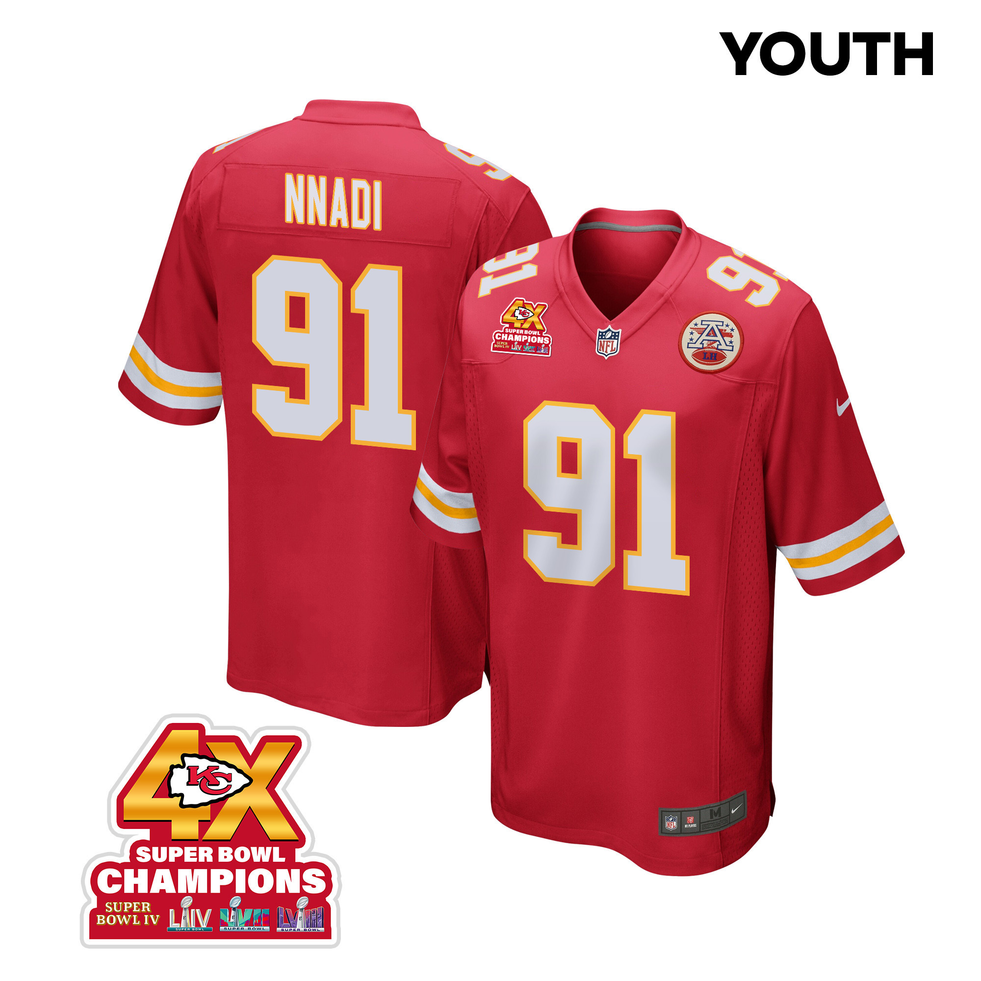 Derrick Nnadi 91 Kansas City Chiefs Super Bowl LVIII Champions 4X Game YOUTH Jersey - Red JS5897 nicesnker