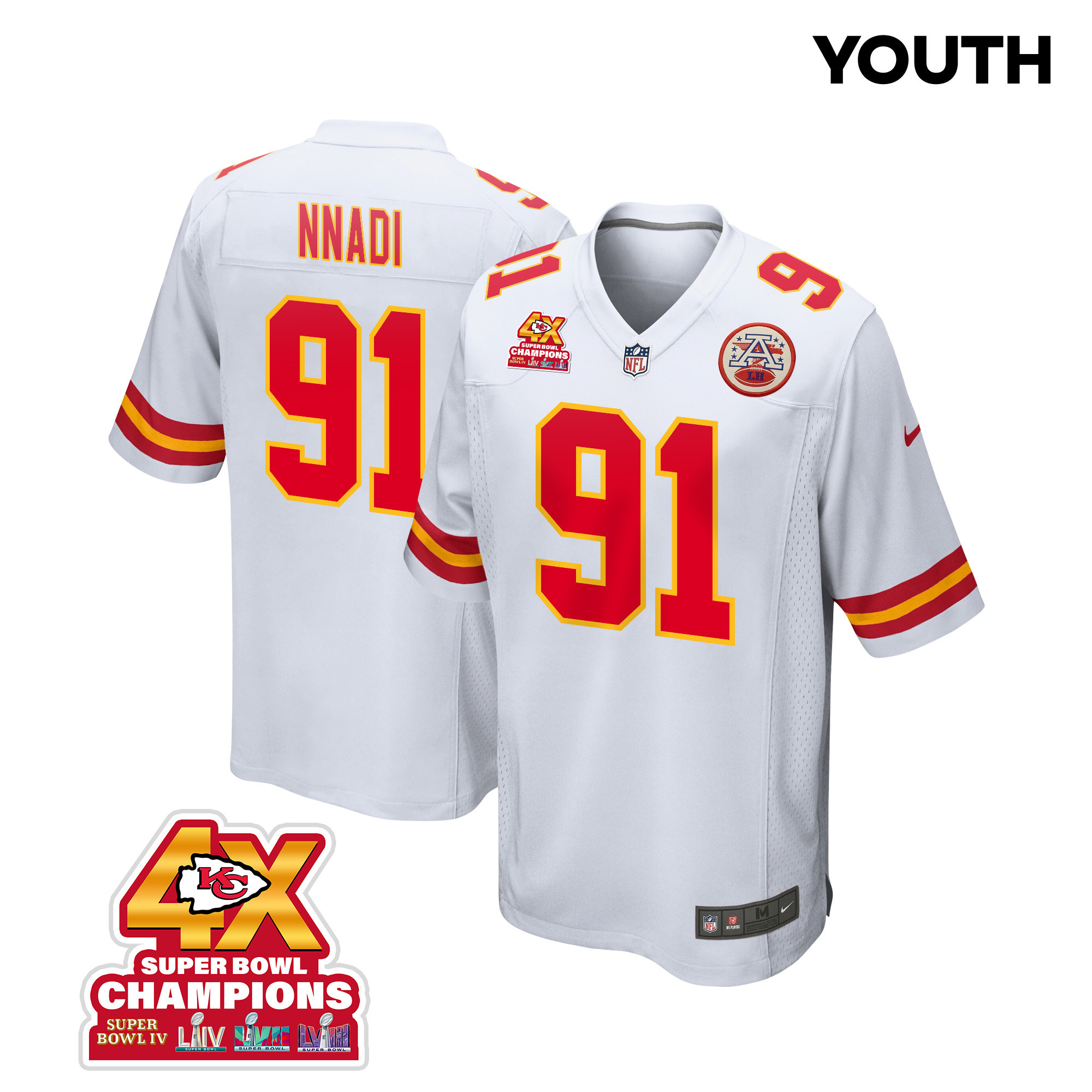 Derrick Nnadi 91 Kansas City Chiefs Super Bowl LVIII Champions 4X Game YOUTH Jersey - White JS5853 nicesnker
