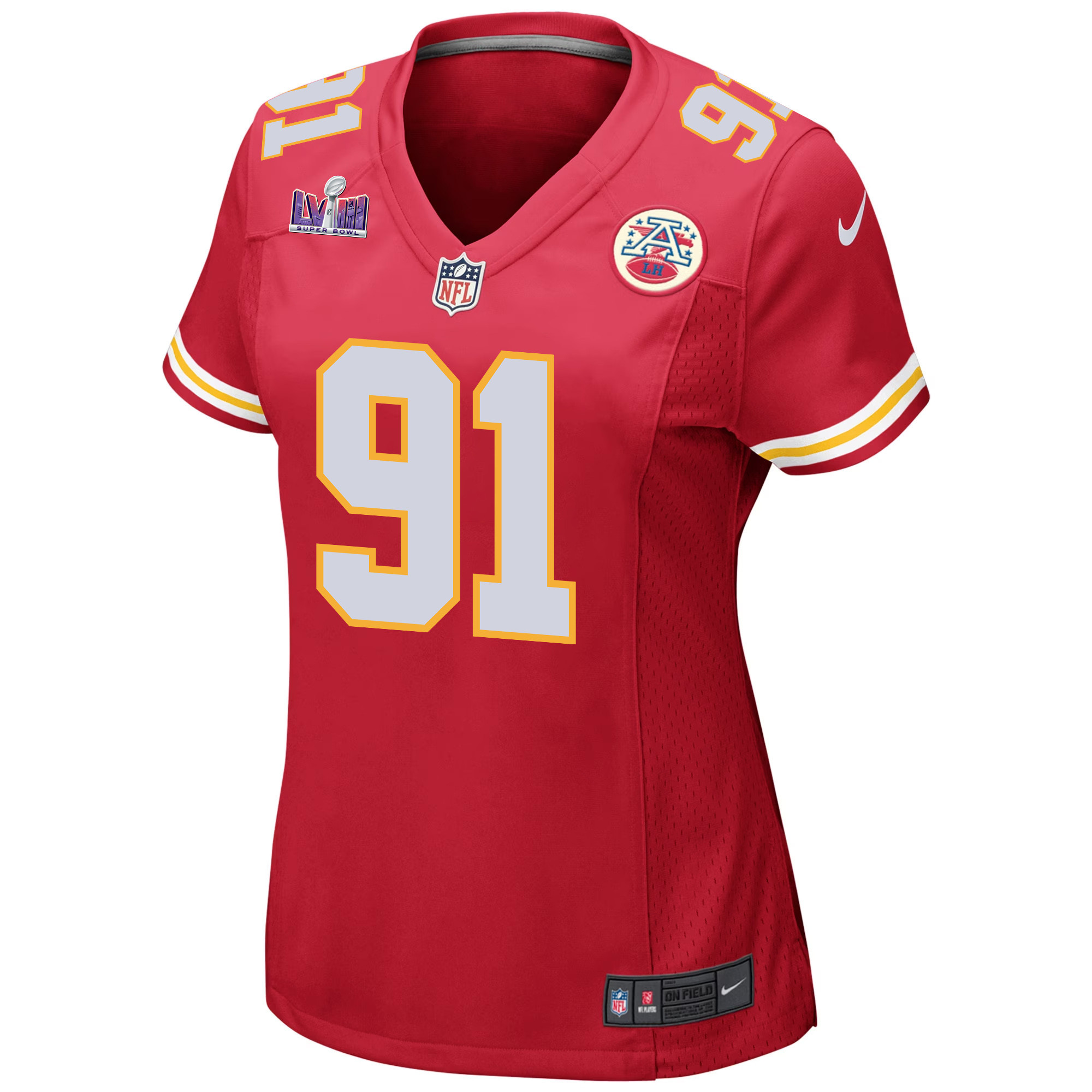 Alternative view of Derrick Nnadi 91 Kansas City Chiefs Super Bowl LVIII Patch Game Women Jersey - Red JS9264 nicesnker