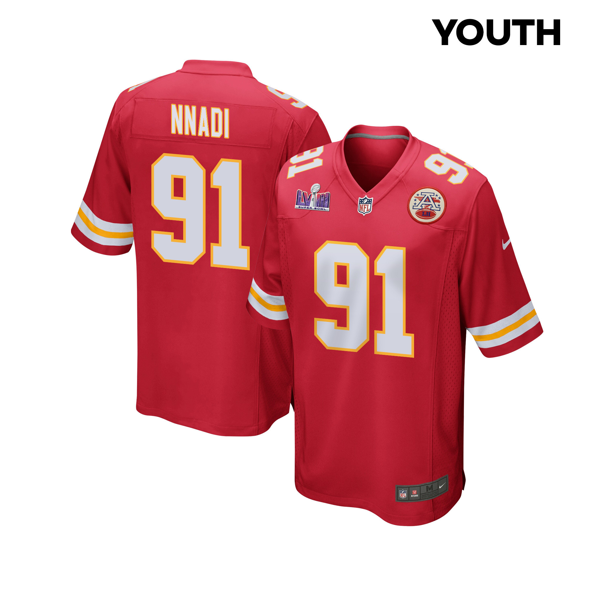 Derrick Nnadi 91 Kansas City Chiefs Super Bowl LVIII Patch Game YOUTH Jersey - Red JS4528 nicesnker
