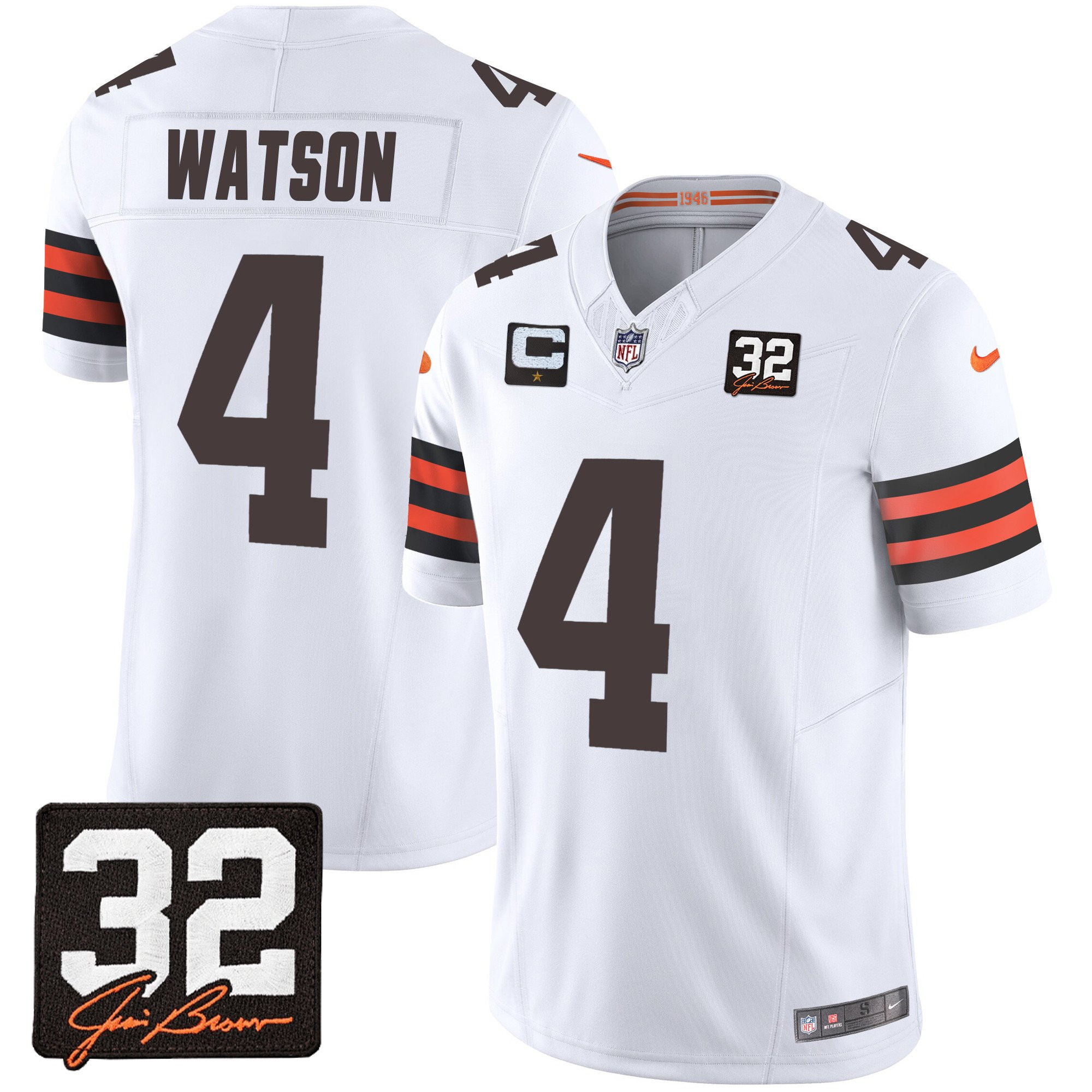 Deshaun Watson 4 Cleveland Browns Jim Brown Memorial Patch Game Men Jersey - White JS2673 nicesnker