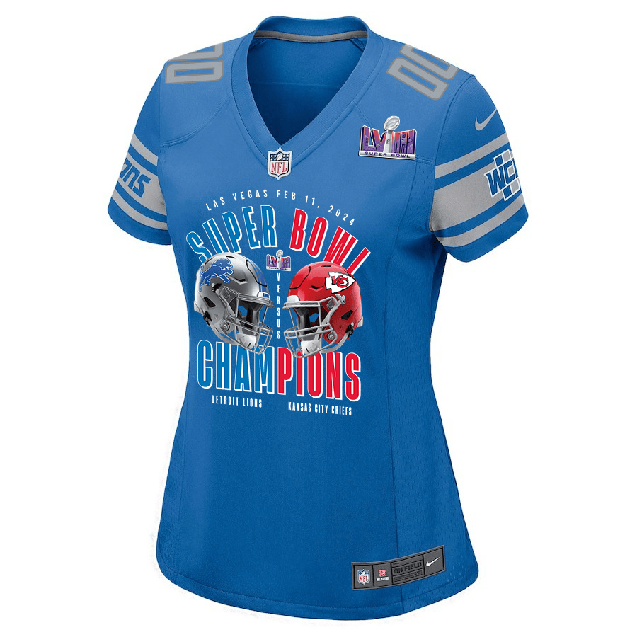 Alternative view of Detroit Lions vs. Kansas City Chiefs Super Bowl LVIII Matchup Game Custom Women Jersey - Blue JS8599 nicesnker