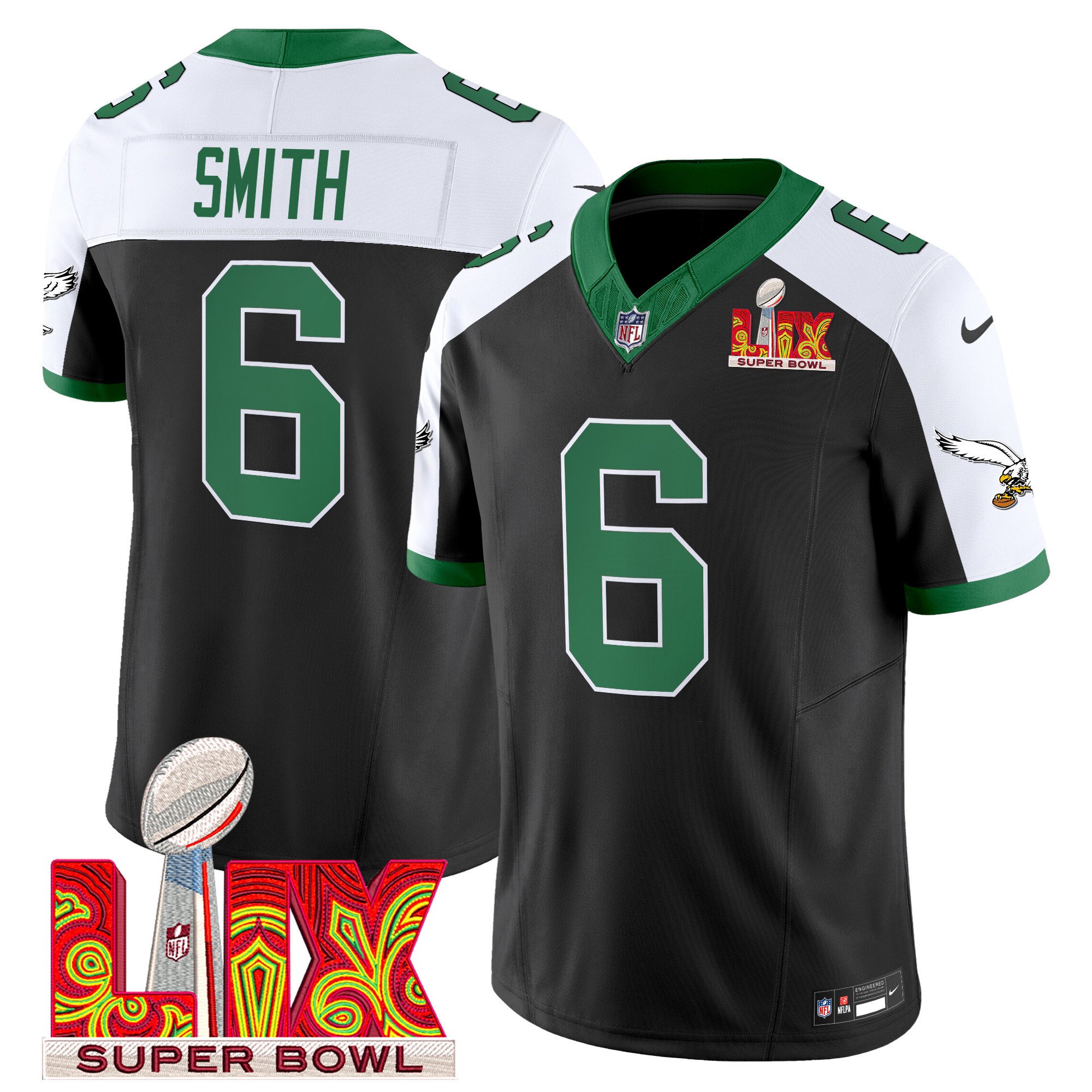 DeVonta Smith 6 Philadelphia Eagles Kelly Green Super Bowl Champions LIX Patch Vapor Limited Jersey - Black Alternate JS3758 nicesnker