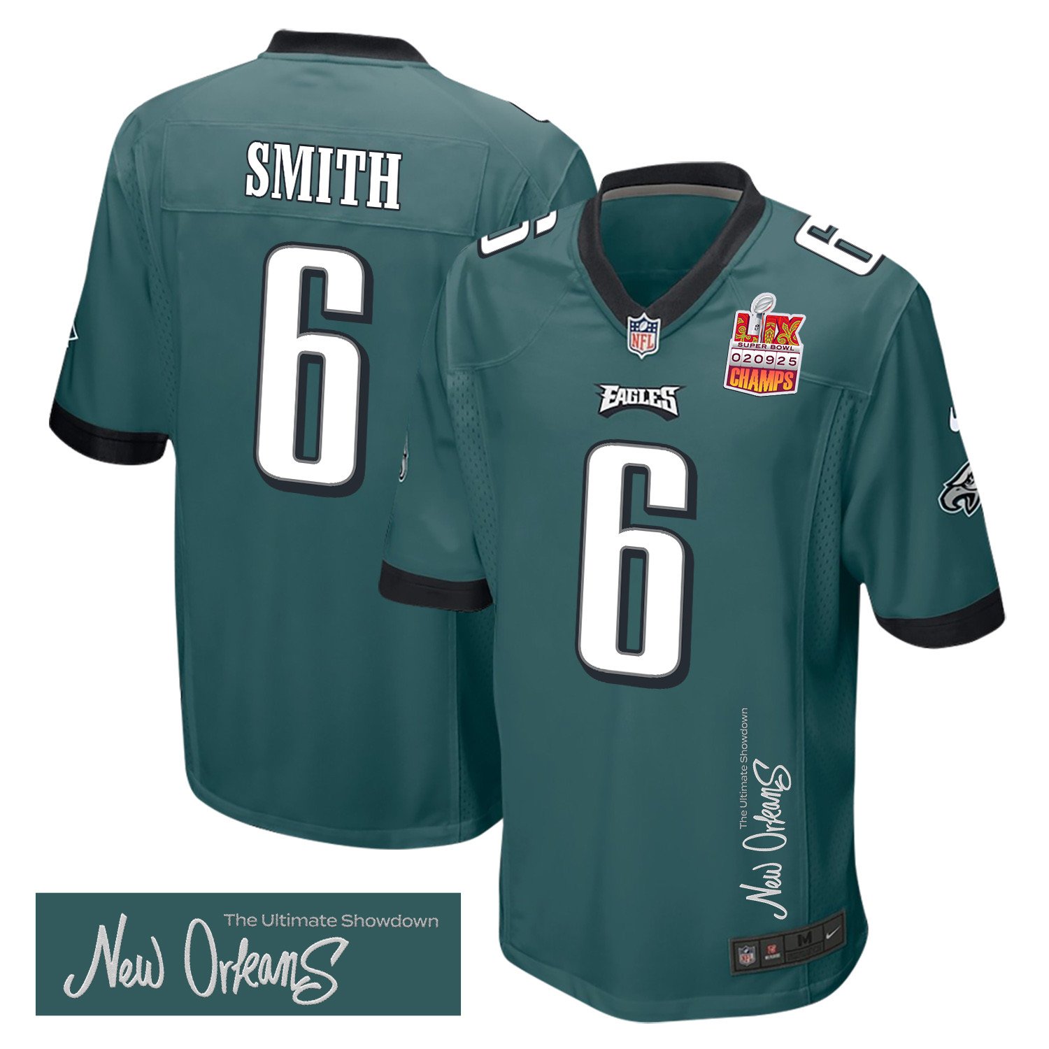 DeVonta Smith 6 Philadelphia Eagles Super Bowl LIX Champions Patch 'New Orleans - The Ultimate Showdown' EMBROIDERED Game Men Jersey - Midnight Green JS8444 nicesnker