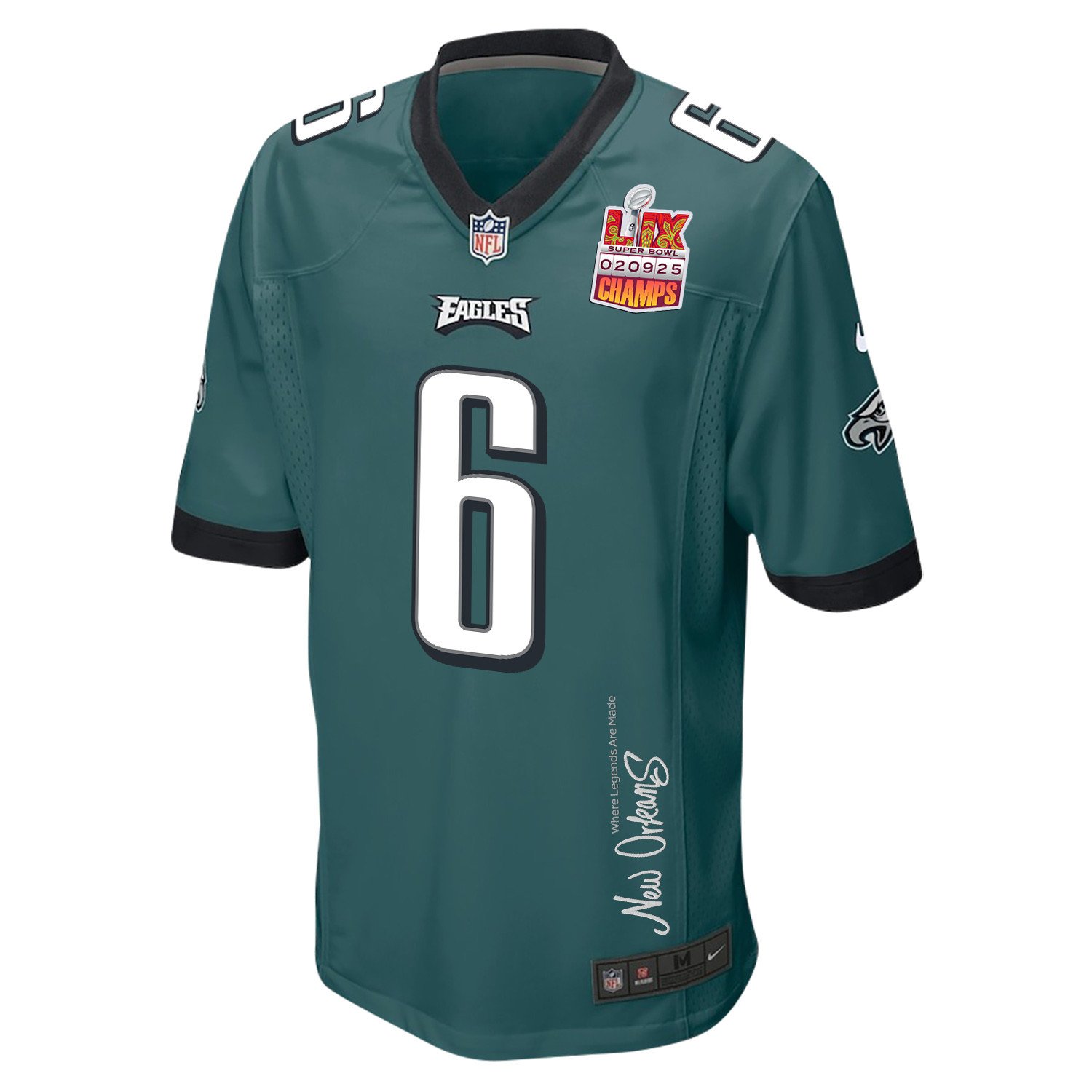 DeVonta Smith 6 Philadelphia Eagles Super Bowl LIX Champions Patch 'New Orleans - Where Legends Are Made' EMBROIDERED Game Men Jersey - Midnight Green JS6270 nicesnker - Image 3