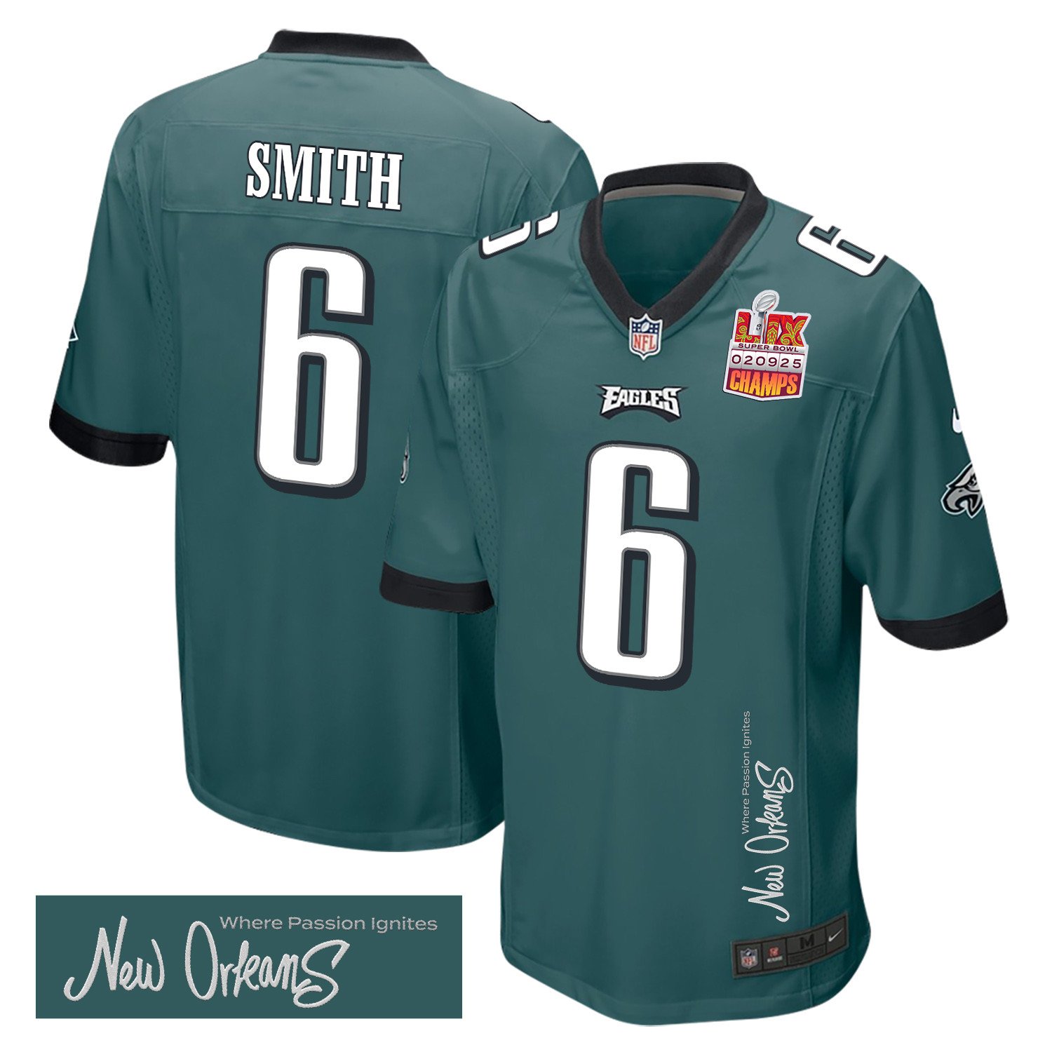 DeVonta Smith 6 Philadelphia Eagles Super Bowl LIX Champions Patch 'New Orleans - Where Passion Ignites' EMBROIDERED Game Men Jersey - Midnight Green JS5392 nicesnker