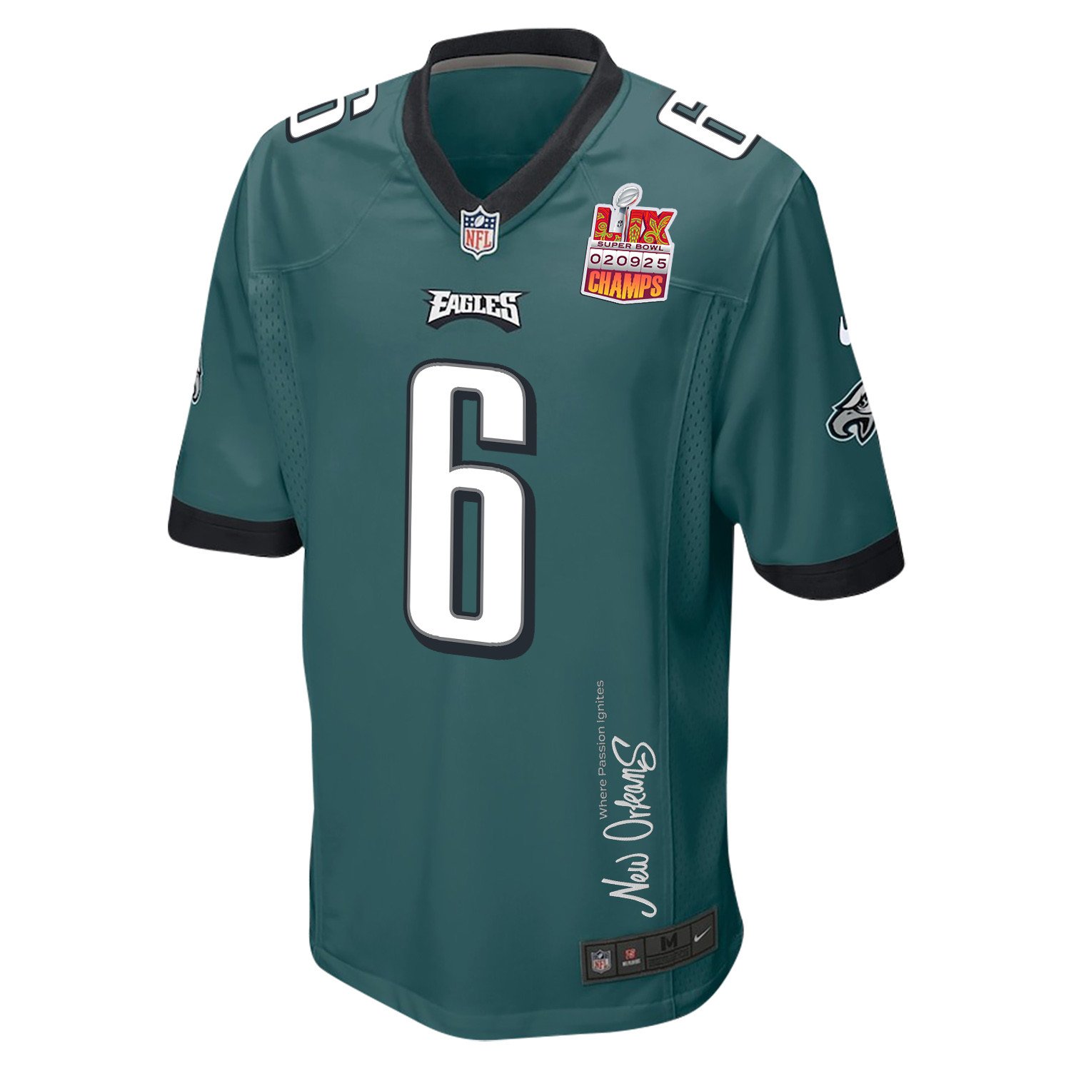 DeVonta Smith 6 Philadelphia Eagles Super Bowl LIX Champions Patch 'New Orleans - Where Passion Ignites' EMBROIDERED Game Men Jersey - Midnight Green JS5392 nicesnker - Image 3