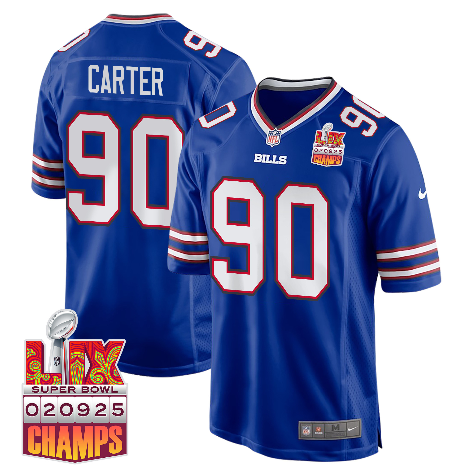 DeWayne Carter 90 Buffalo Bills Super Bowl LIX Champions Patch Game Men Jersey - Royal JS4256 nicesnker